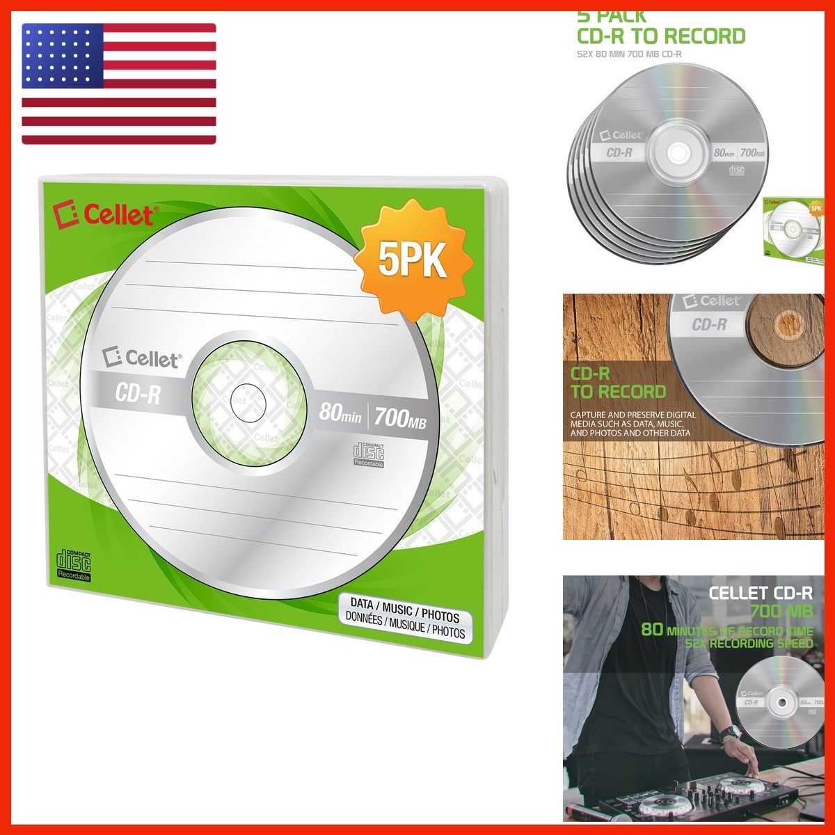 Cellet 5-Pack 700MB 80 Min CD-R for Data Music Photos Cellet 5-Pack 700MB 80 Min CD-R for Data Music Photos