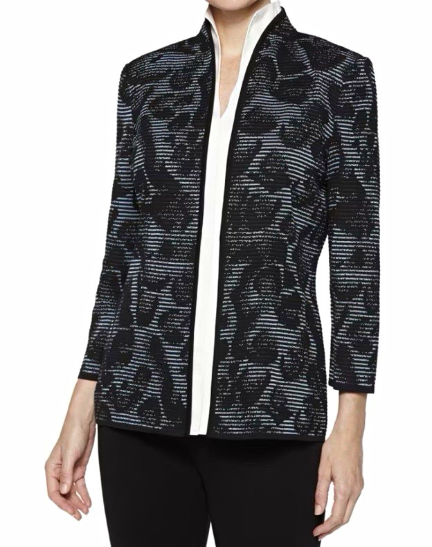 Misook Women\'s Abstract Knit Open Front Cardigan 3/4 Sleeve M Black/Gray Office