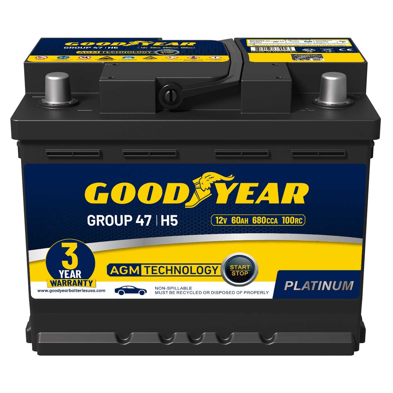 Goodyear Group 47 12V 60 AH, 100RC, 680 CCA Platinum AGM Automotive Battery
