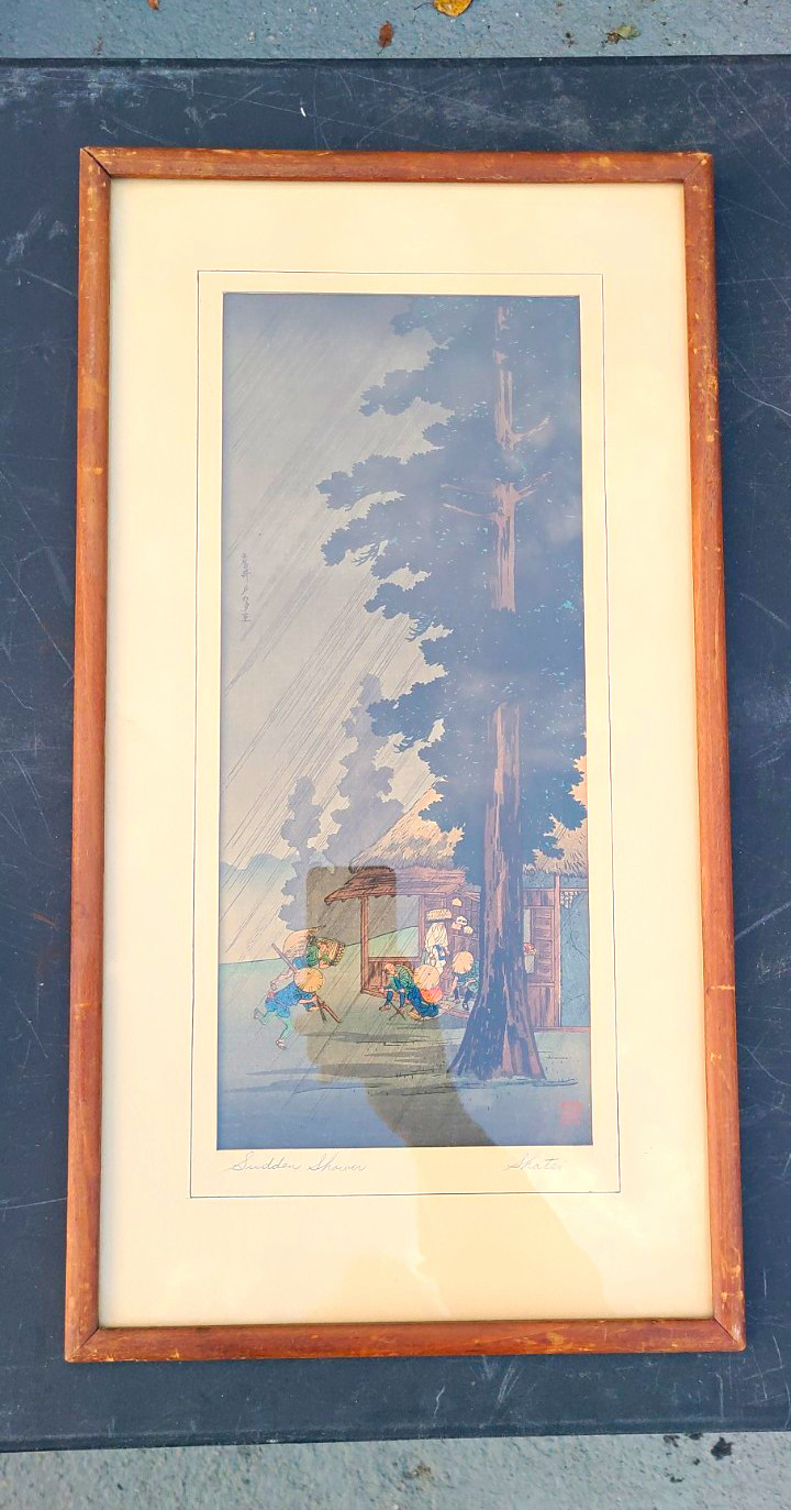 Vintage Japanese woodblock Evening Shower at Takaido by Takahashi Hiroaki Shotei
