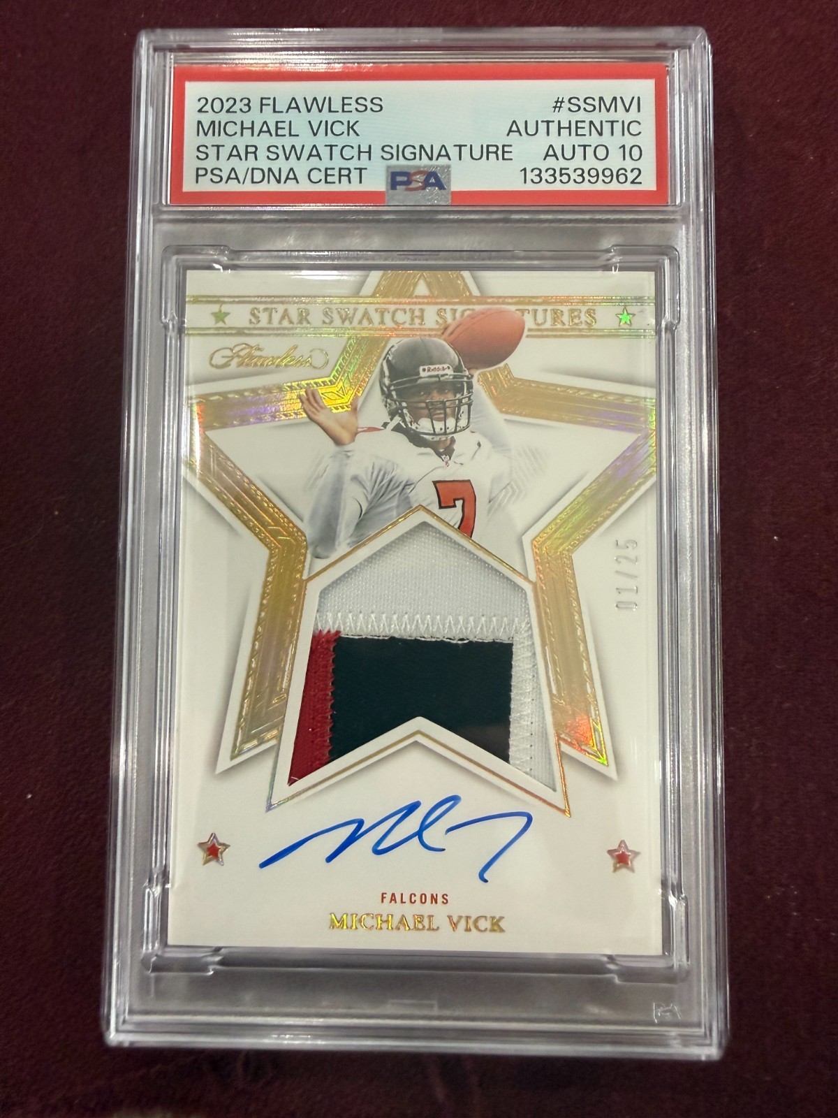 Michael Vick 2023 Flawless Gold Patch Auto On Card 1/25 PSA 10 Auto Grade