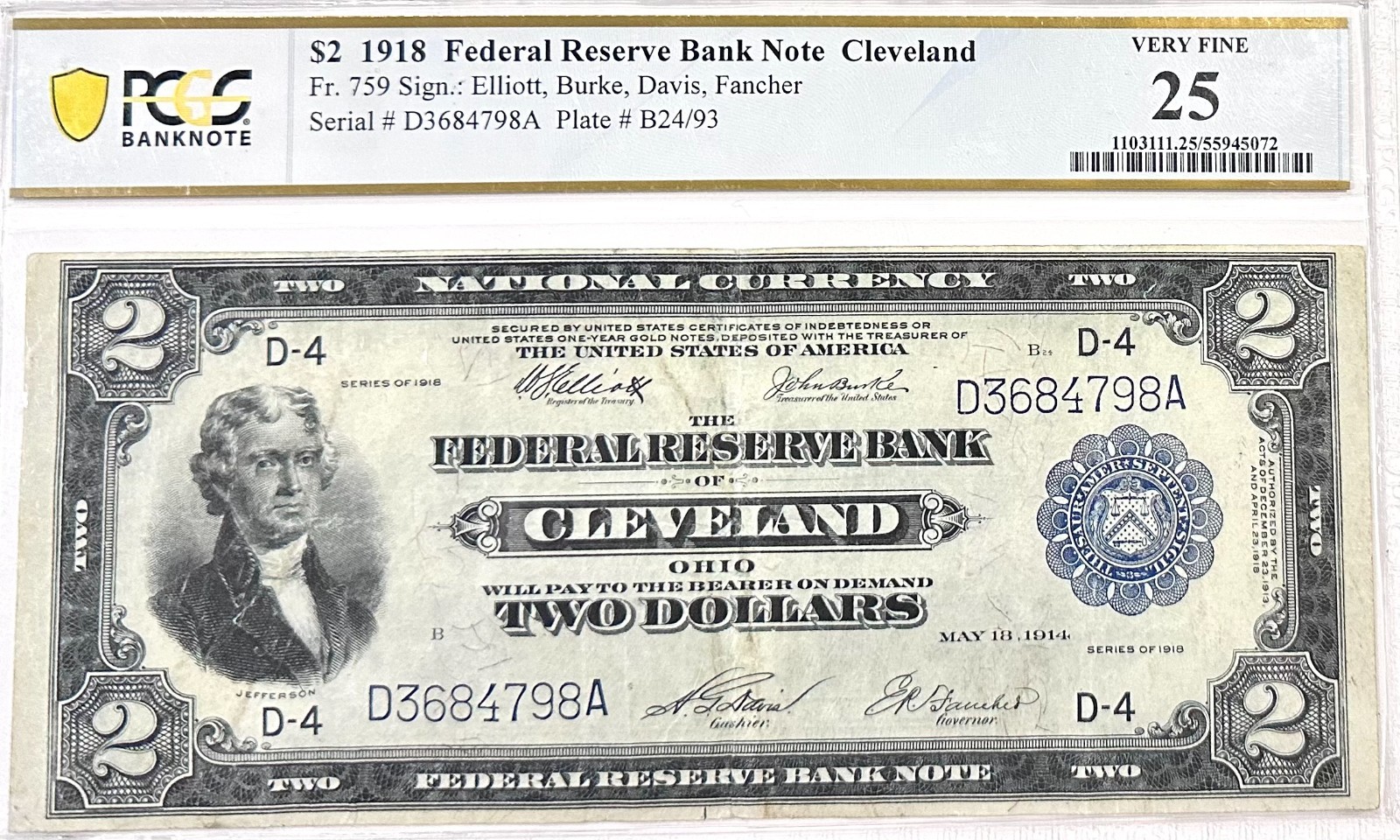 1918 $2 Federal Reserve Bank Note Cleveland Battleship FR-759 PCGS VF 25