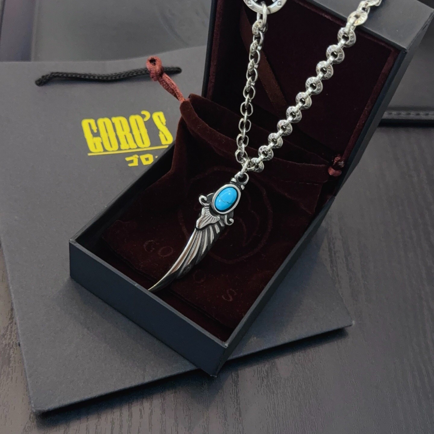 Goro\'s Punk Rock Feather Pendant Necklace Turquoise Inlay Vintage Silver Chain Goro\'s Punk Rock Feather Pendant Necklace Turquoise Inlay Vintage Silver Chain