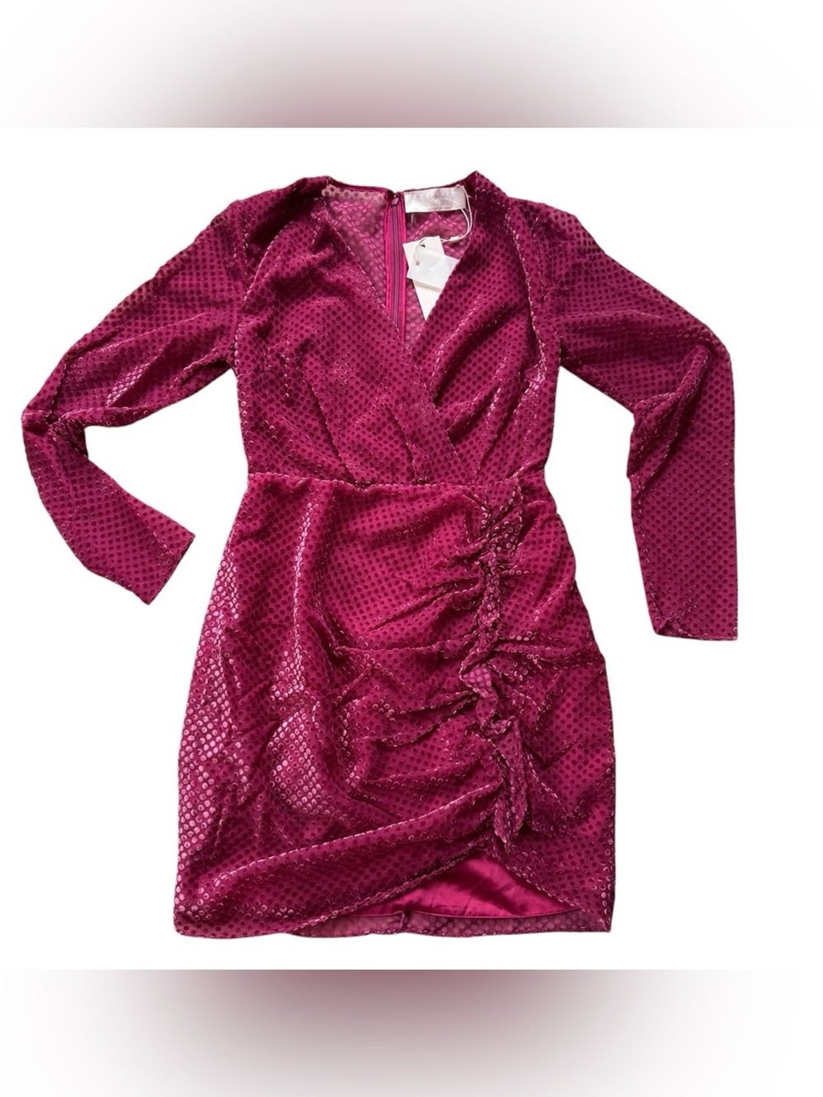 Keepsake Polka Dot Fuchsia Velvet Ruched Wrap Cocktail Dress NWT