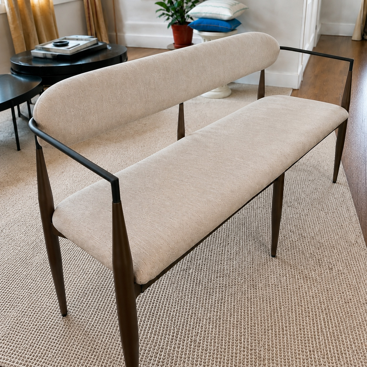 Mid-Century Beige Upholstered Loveseat Settee Black Metal Dining Bench Sofa