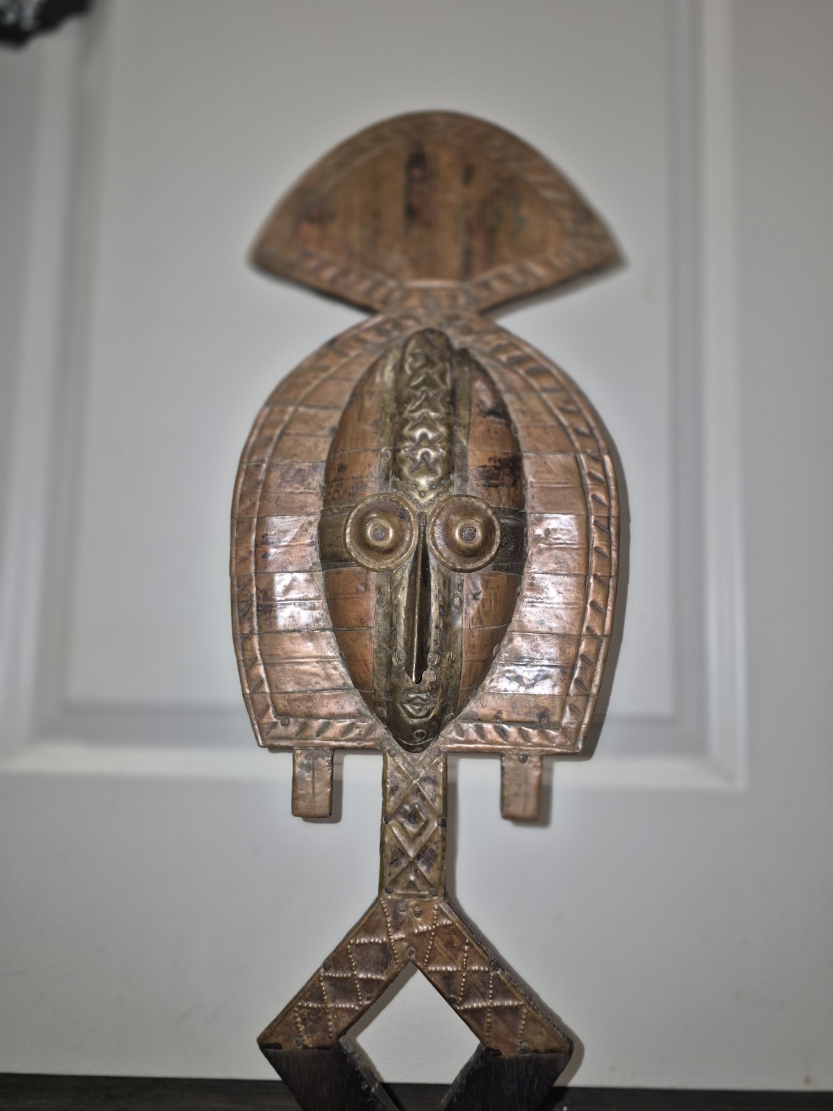 Vintage African Kota Bakota Reliquary Guardian Figure Copper Brass Wood 21\