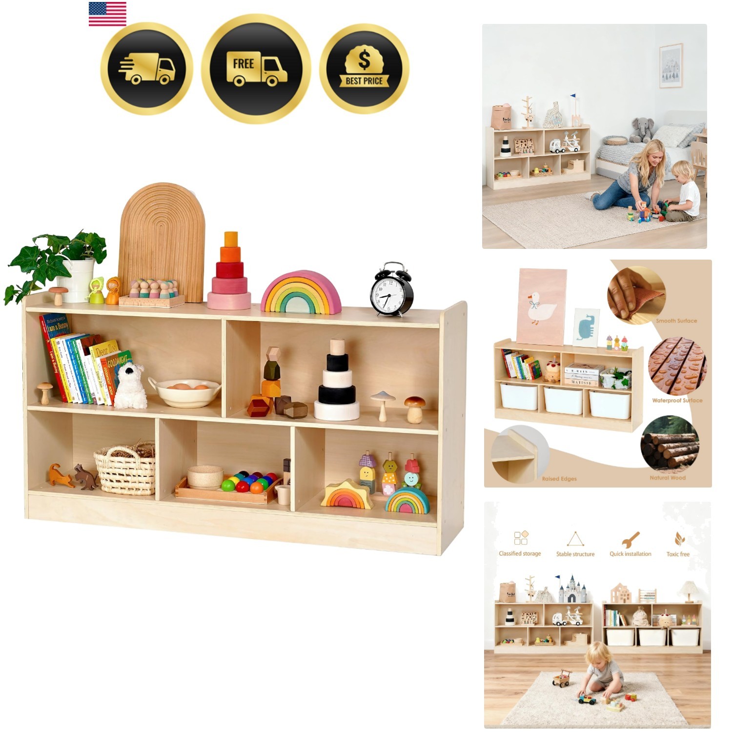 Montessori Book and Toy Shelf for Kids, 5-Section Organizer, Birch Plywood Montessori Book and Toy Shelf for Kids, 5-Section Organizer, Birch Plywood