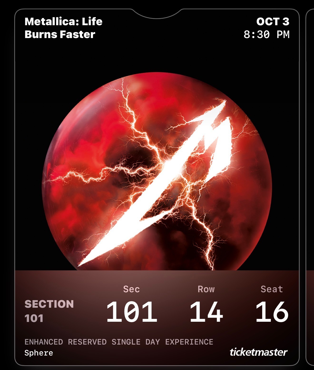 1 Metallica 1-Day Ticket Oct 3 2026 Sphere Las Vegas, NV Sec 101 Row 14