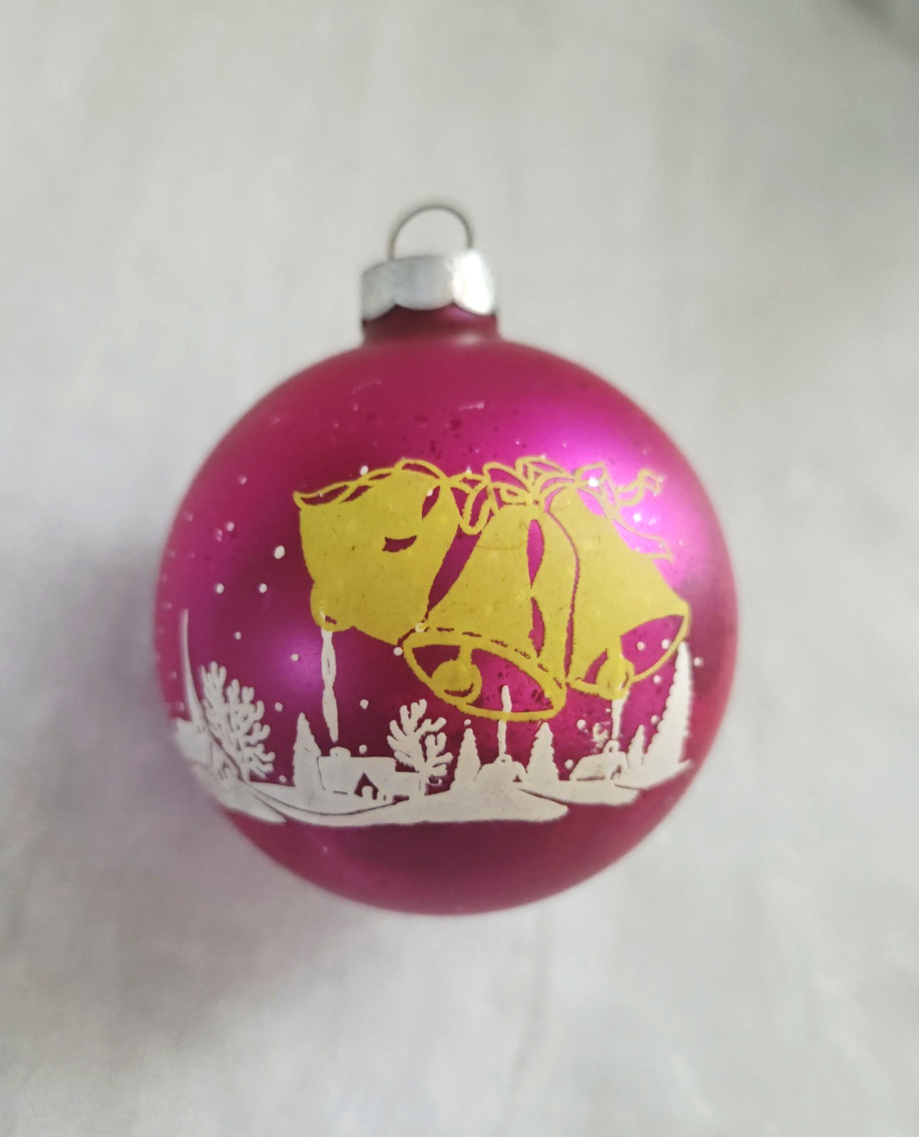 Vintage Franke Shiny Brite Silent Night Village Bells Stencil Christmas Ornament