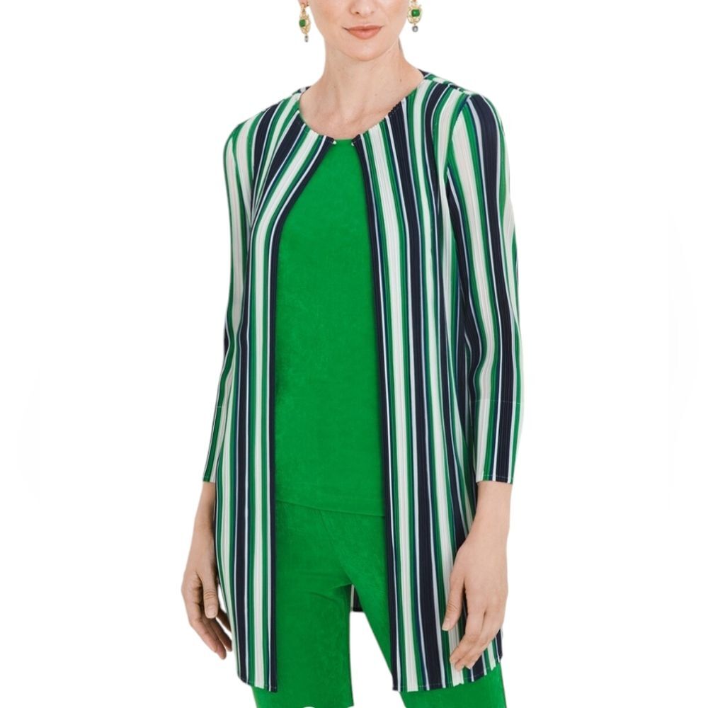 Chico\'s Travelers Women\'s Green Blue White Stripe Open Front Jacket Size 1   M