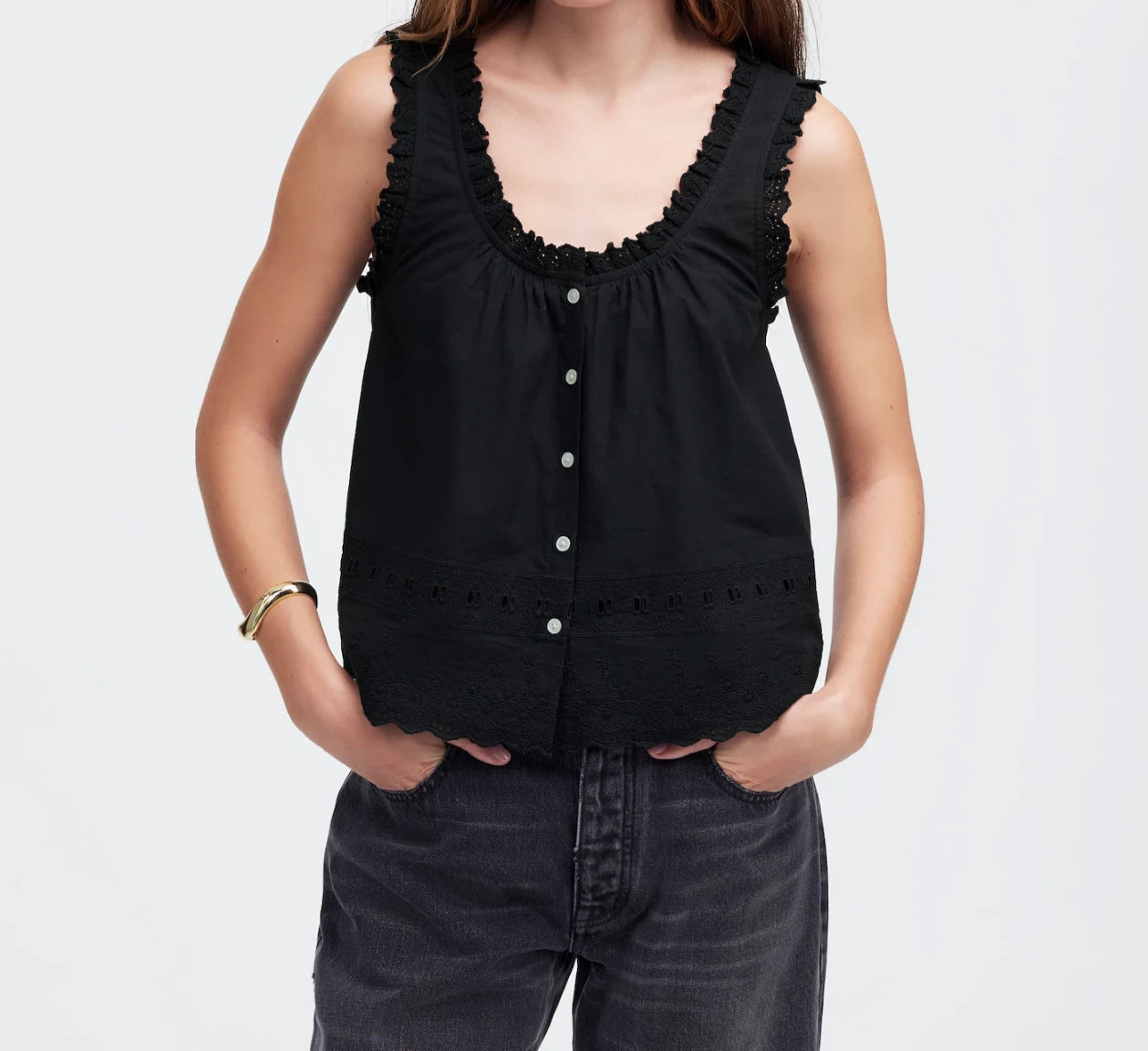Madewell Tank Top  XL Black Embroidered Ruffle Whimsigoth Sleeveless NWT NU928