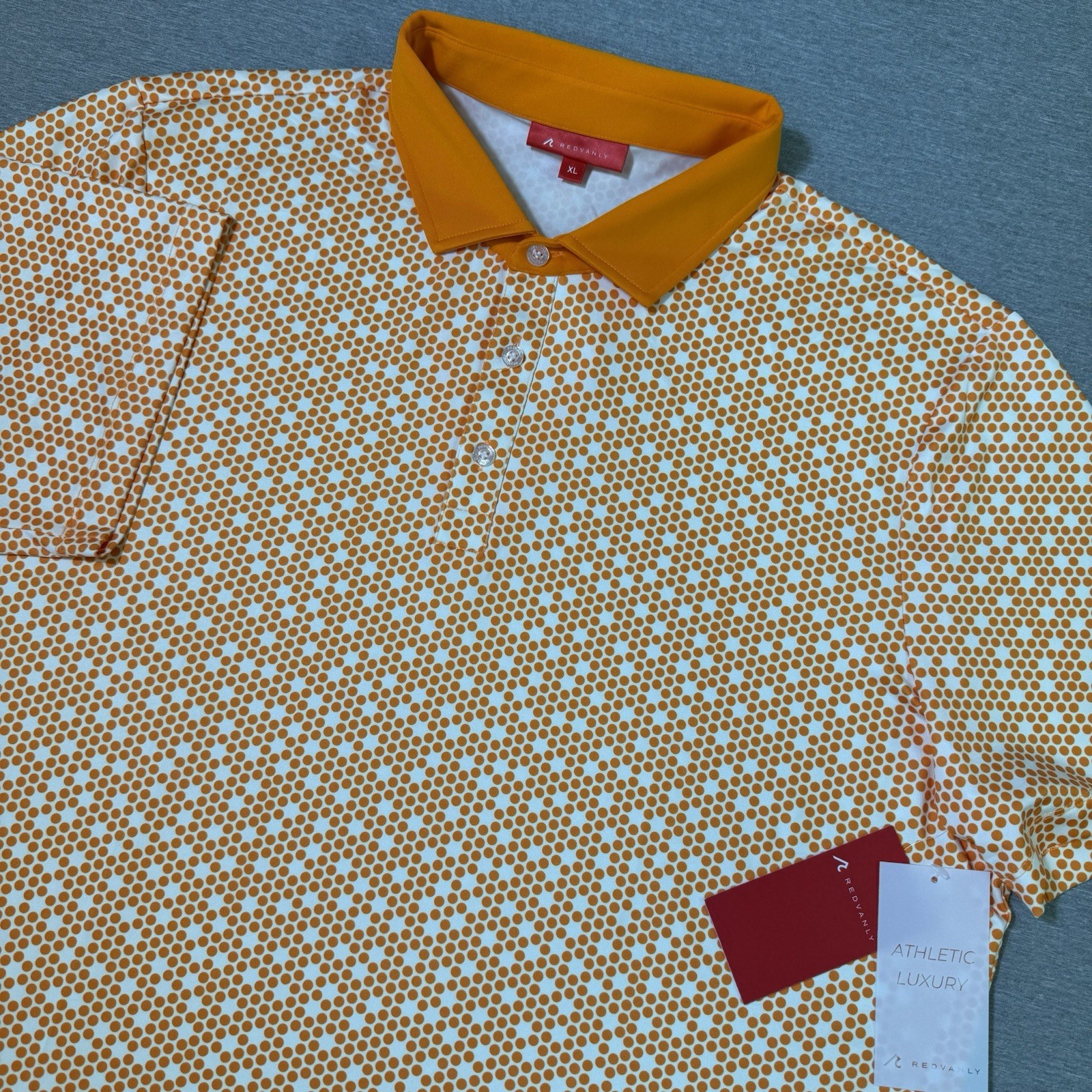 Redvanly Polo Shirt Mens Size XL Clyde Orange Geometric Dot Golf Stretch NEW Redvanly Polo Shirt Mens Size XL Clyde Orange Geometric Dot Golf Stretch NEW