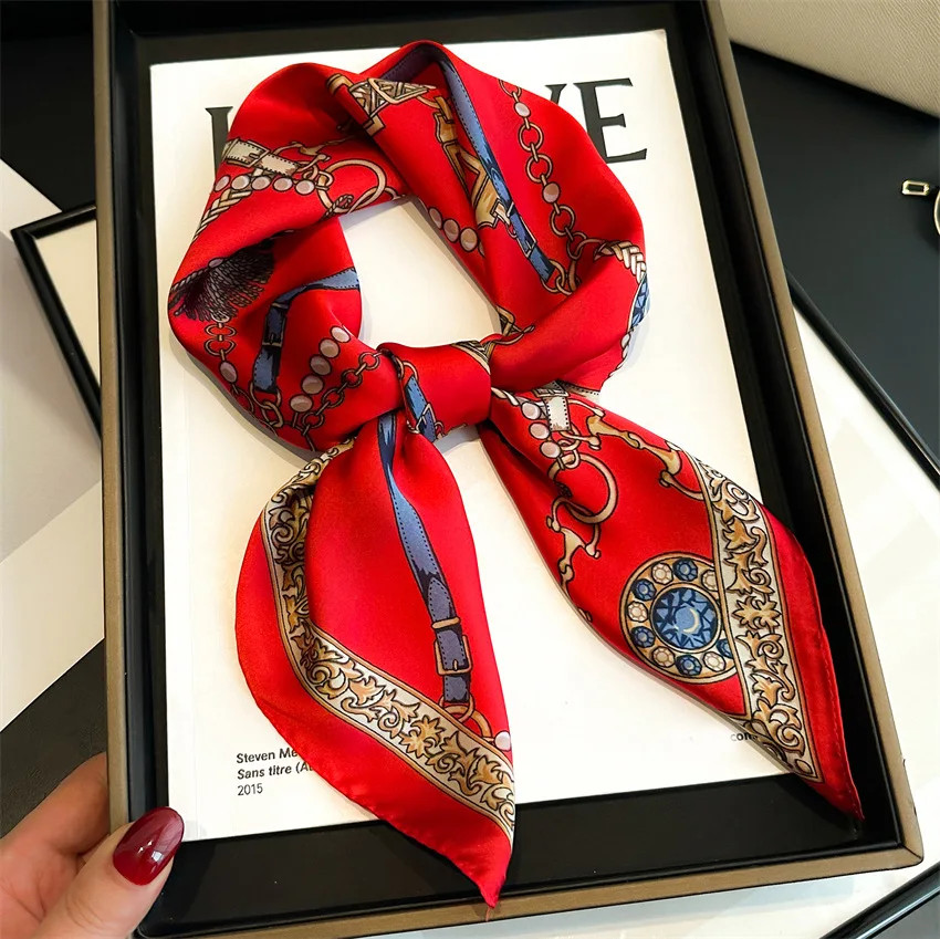 Luxury Chain Print Silk Feel Square Scarf 70x70cm Women New Neck Head Scarf Wrap