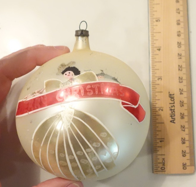 VINTAGE JUMBO BLOWN GLASS MERRY CHRISTMAS ORNAMENT POLAND DANCING GIRL w/ BANNER VINTAGE JUMBO BLOWN GLASS MERRY CHRISTMAS ORNAMENT POLAND DANCING GIRL w/ BANNER