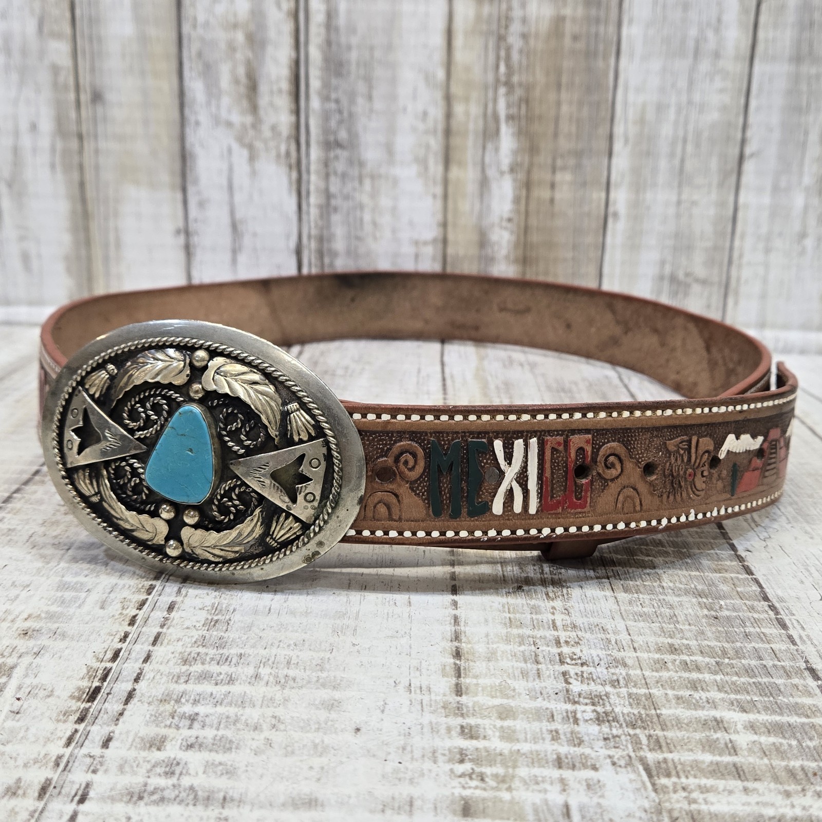 Vtg 60\'s Tooled Carved Leather Native American MEXICO Belt Chief Western Rare 
