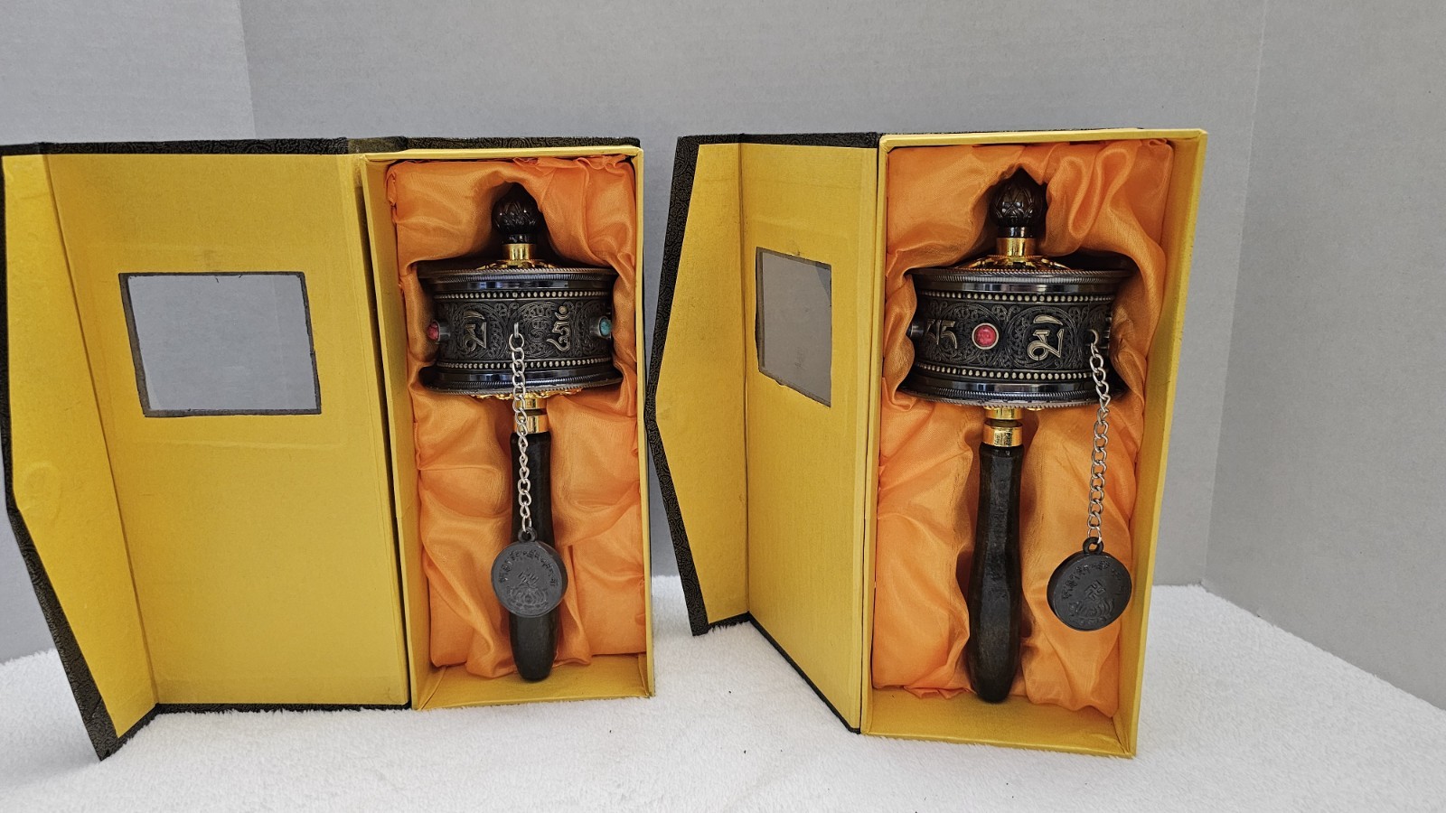 Pair of Handheld Tibetan Prayer Wheels Set - Yungdrung Bön Mani Wheels with Box Pair of Handheld Tibetan Prayer Wheels Set - Yungdrung Bön Mani Wheels with Box