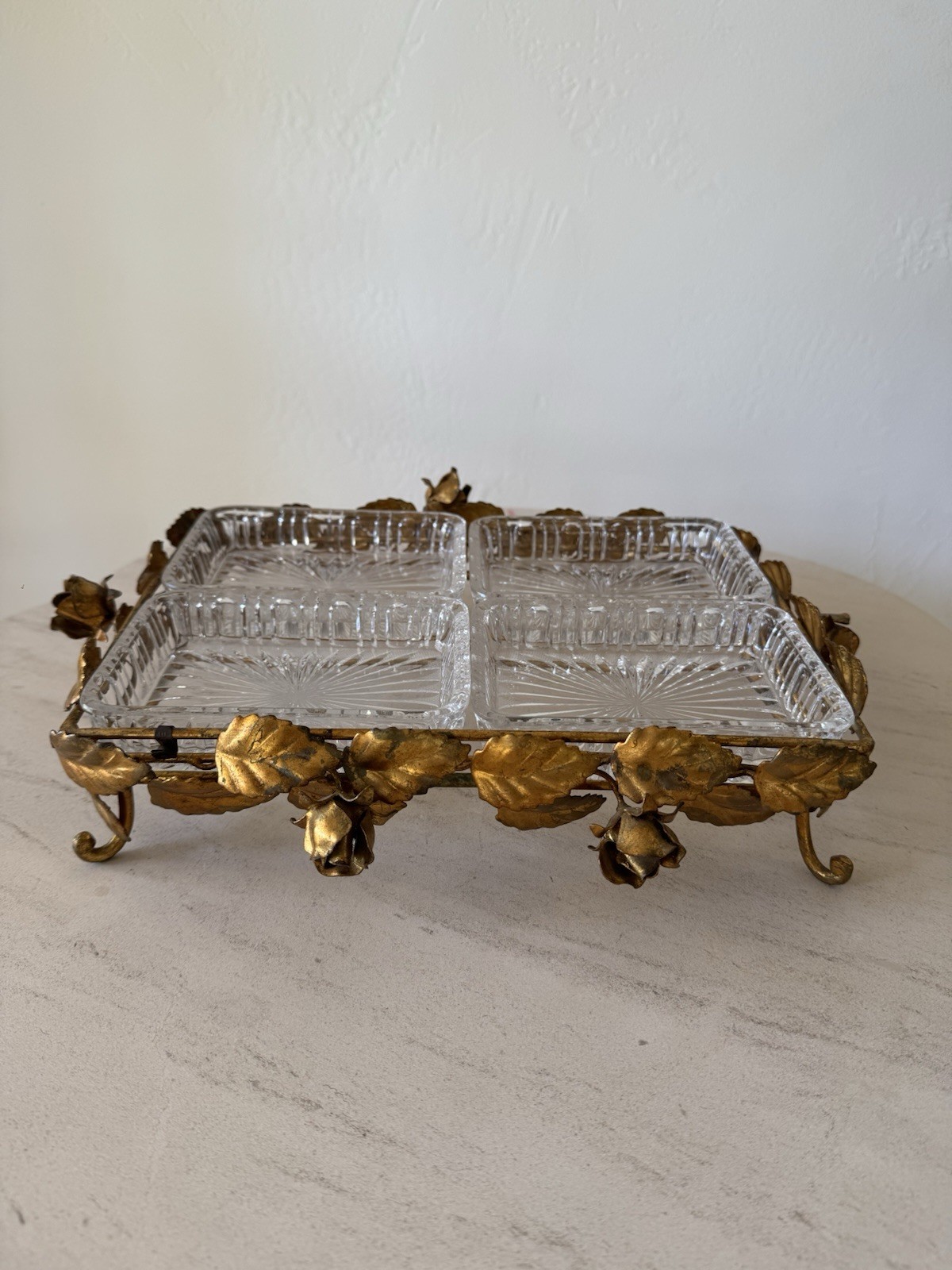 Vintage Italian Gilt Tole Rose 4 Glass Relish Vanity Tray Made Italy Hollywood