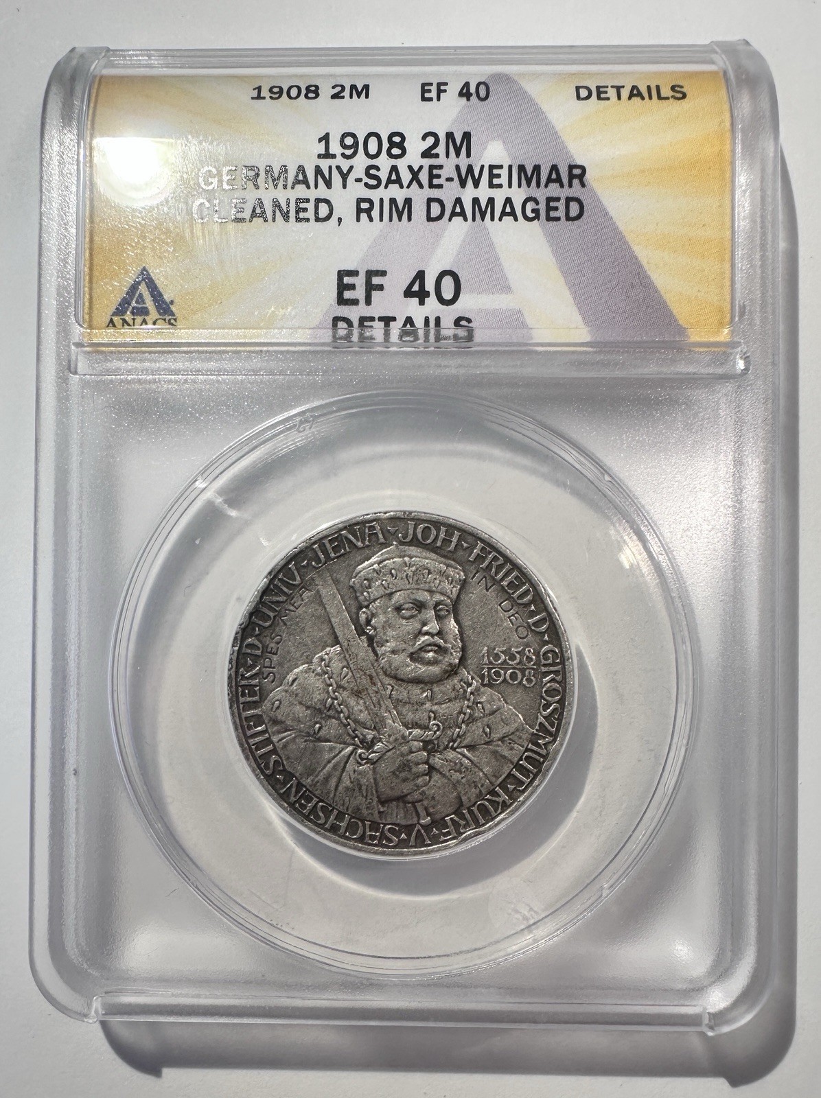 1908 Germany Saxe-Weimar-Eisenach 2 Mark, Jena University ANACS XF40 Rim Dings 1908 Germany Saxe-Weimar-Eisenach 2 Mark, Jena University ANACS XF40 Rim Dings
