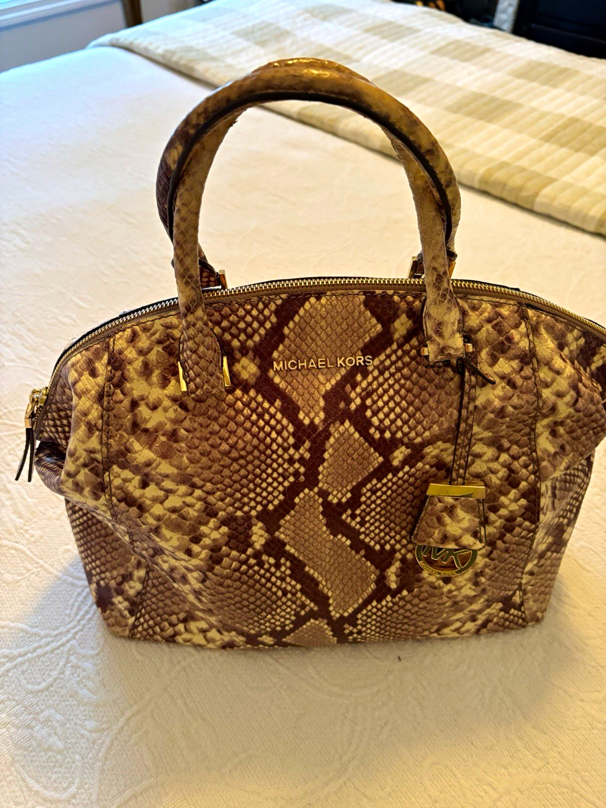 Michael Kors Embossed Animal Print Leather Zip Satchel, Gold HW, Dust Bag Michael Kors Embossed Animal Print Leather Zip Satchel, Gold HW, Dust Bag