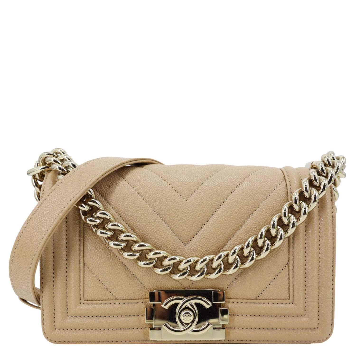 CHANEL Boy Flap Small Chevron Leather Shoulder Bag Beige