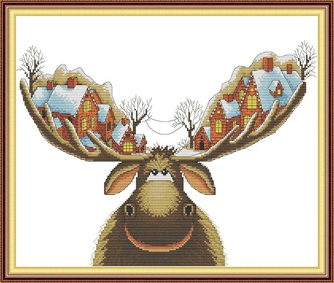 Happy Forever 11CT Stamped Cross Stitch, DA373 Christmas Cottage on Antlers Happy Forever 11CT Stamped Cross Stitch, DA373 Christmas Cottage on Antlers