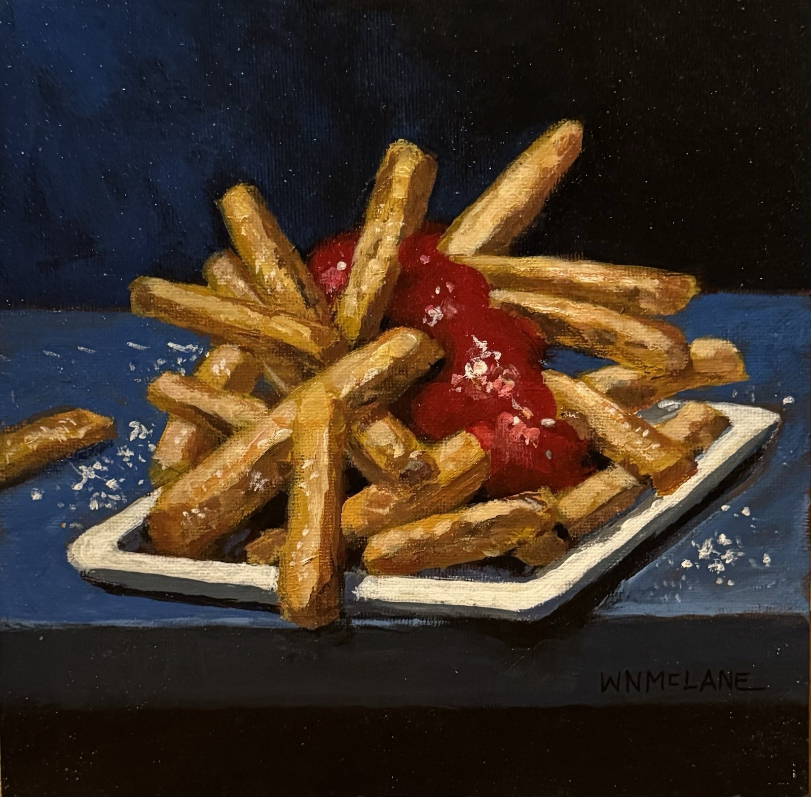 Original New Impressionist Still Life French Fries Ketchup Acrylic Painting 8x8”