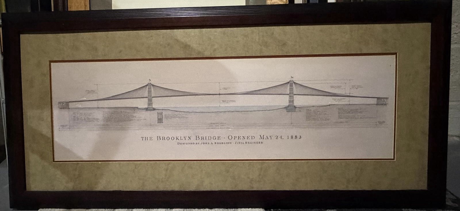 Vintage Brooklyn Bridge Blueprint Print Framed | 1883 Engineering Illustration