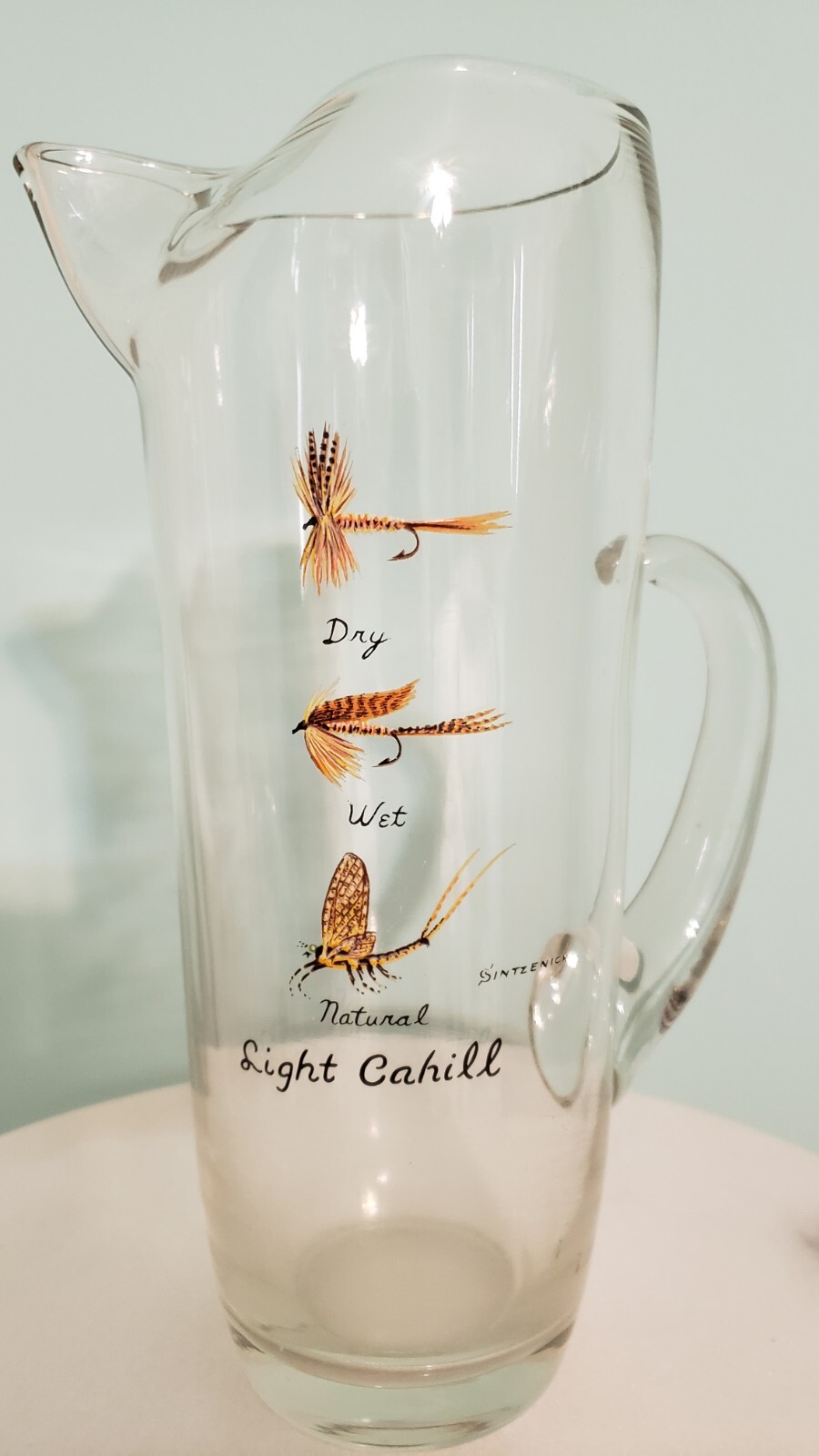 RARE CARWIN FLY FISHING Motif Sintzenich Martini Cocktail Glass Pitcher Bar MCM
