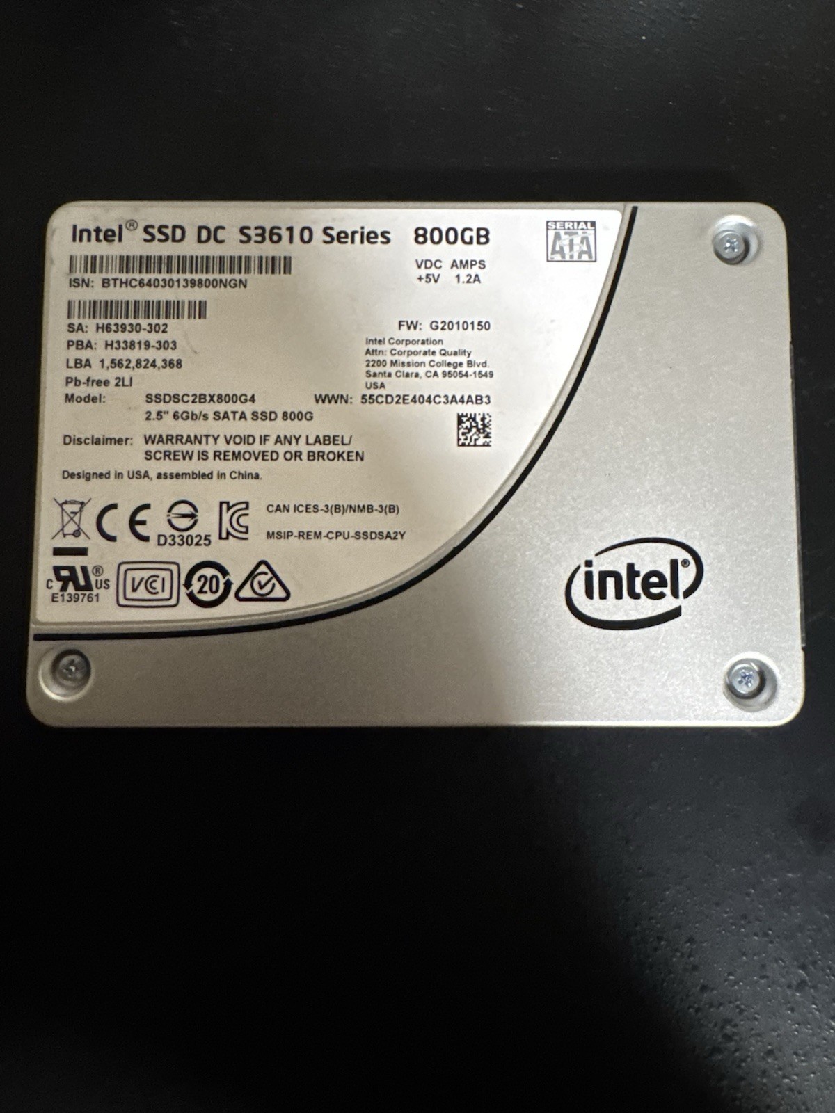 Intel DC S3610 Series 800GB SATA 6Gb/s 2.5inch Internal SSD 94 % Health