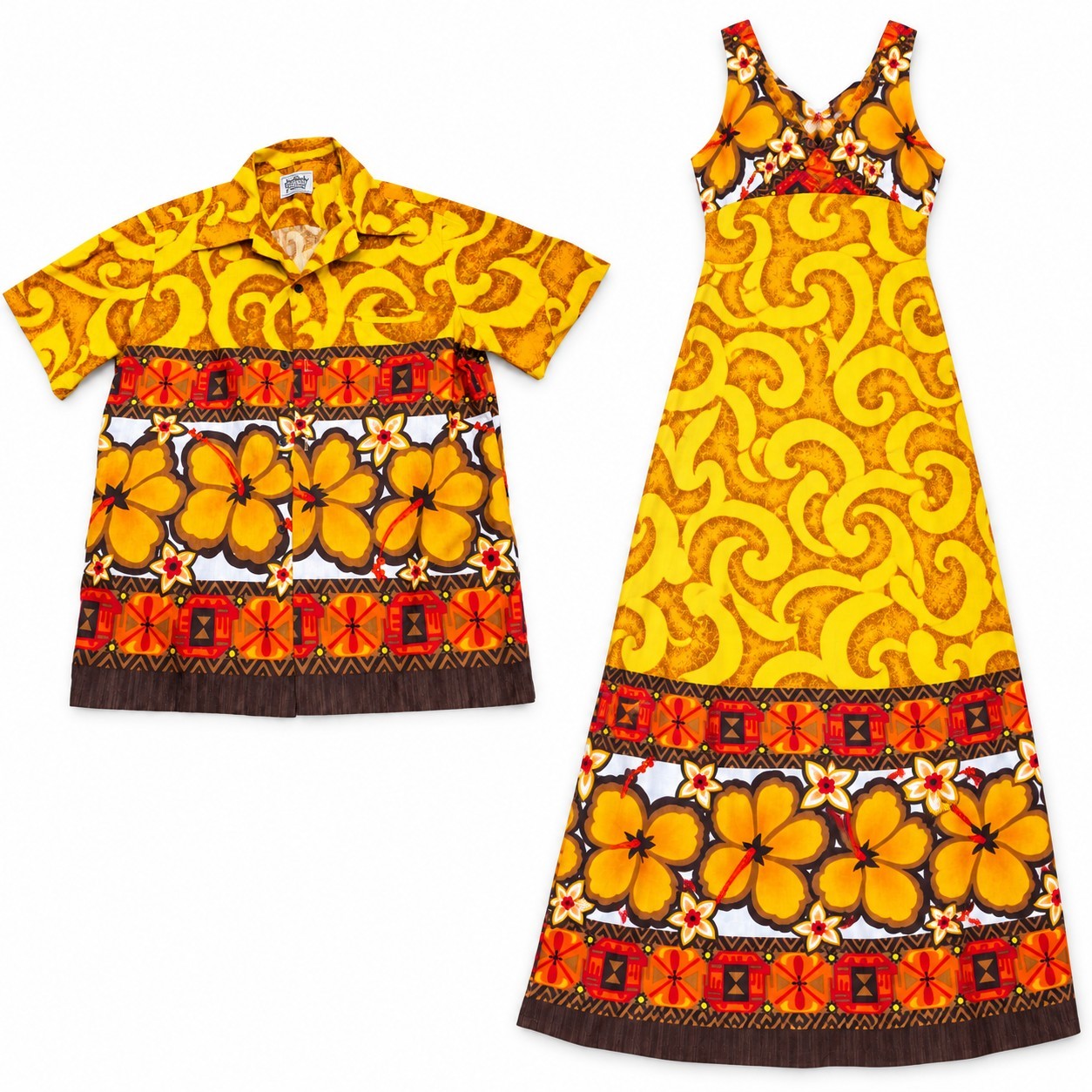 Vintage Malihini Hawaii Matching Honeymoon Set Shirt Maxi Dress Hibiscus Aloha
