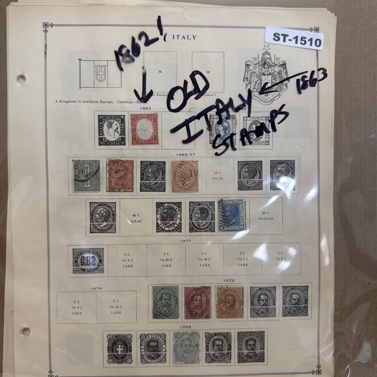 SCOTT\'S WORLD STAMP ALBUM BREAK: Old Italy Stamp Lot w/ 1862, 1863 MORE ST-1510