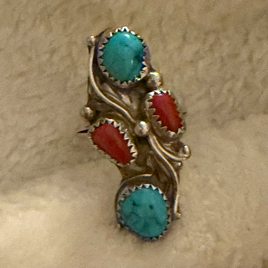 Native American 925 Sterling Silver Turquoise & Coral Cocktail Ring Sz 6.5 Native American 925 Sterling Silver Turquoise & Coral Cocktail Ring Sz 6.5