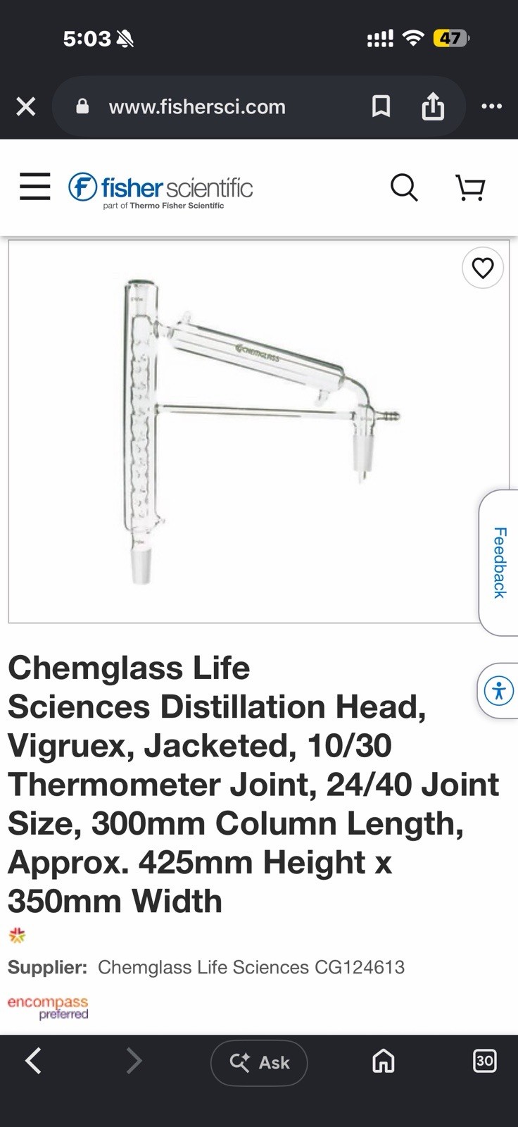 Chemglass Life Sciences Distillation Head, Vigruex, Jacketed
