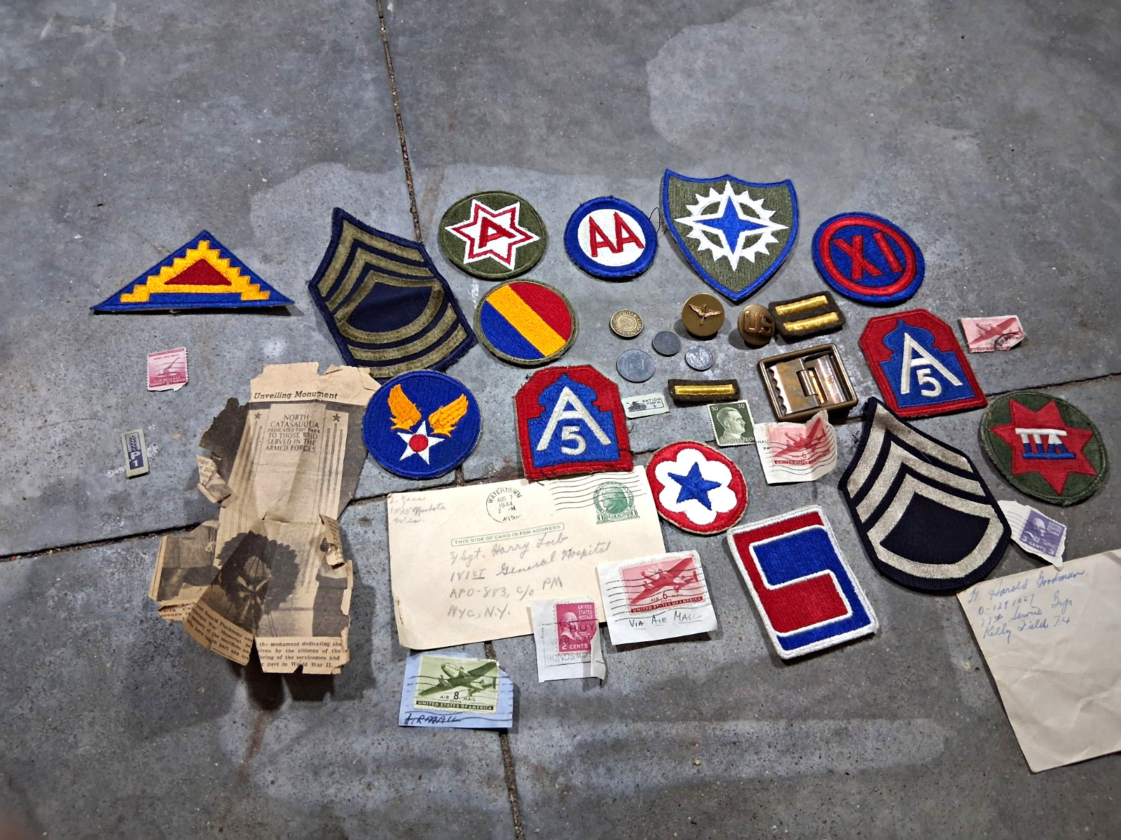 WW2 Military Patch Lot w/ Insignia, Pins, Postcards, Stamps, Coins & Letters
