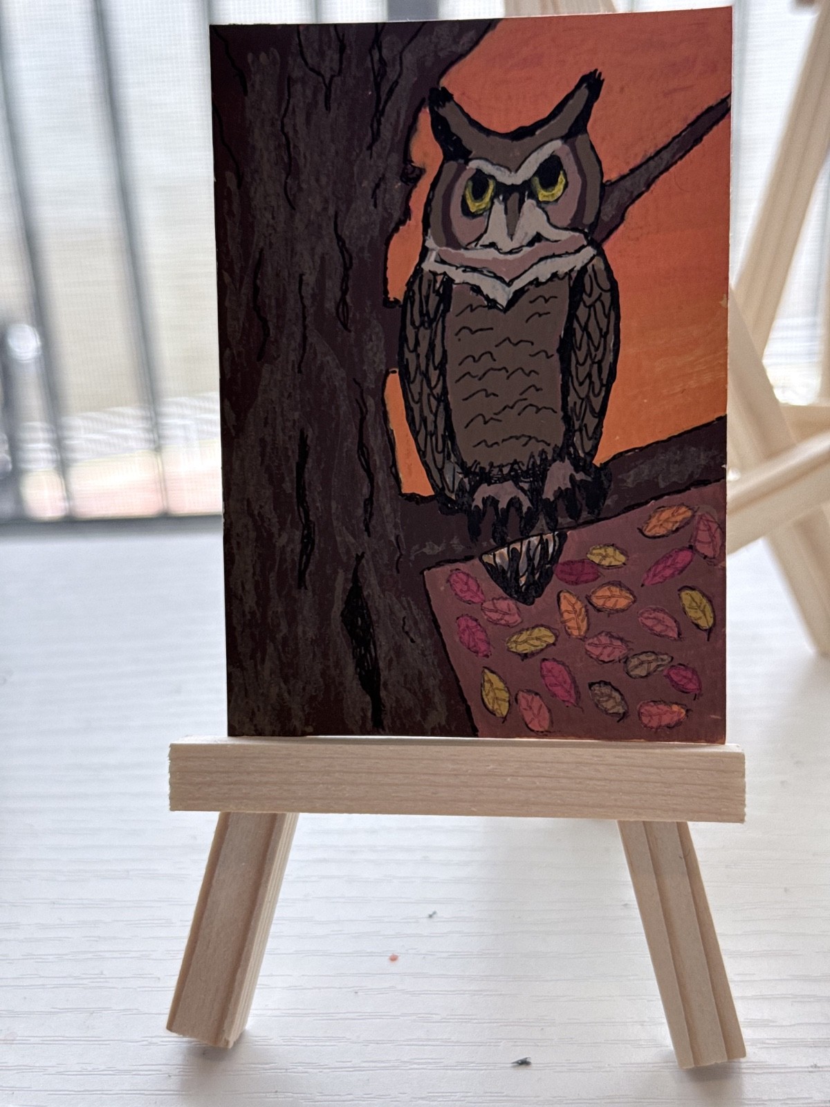 ACEO Original Art Card - Wise Old Owl Keeping Watch in His Tree on a Fall Day