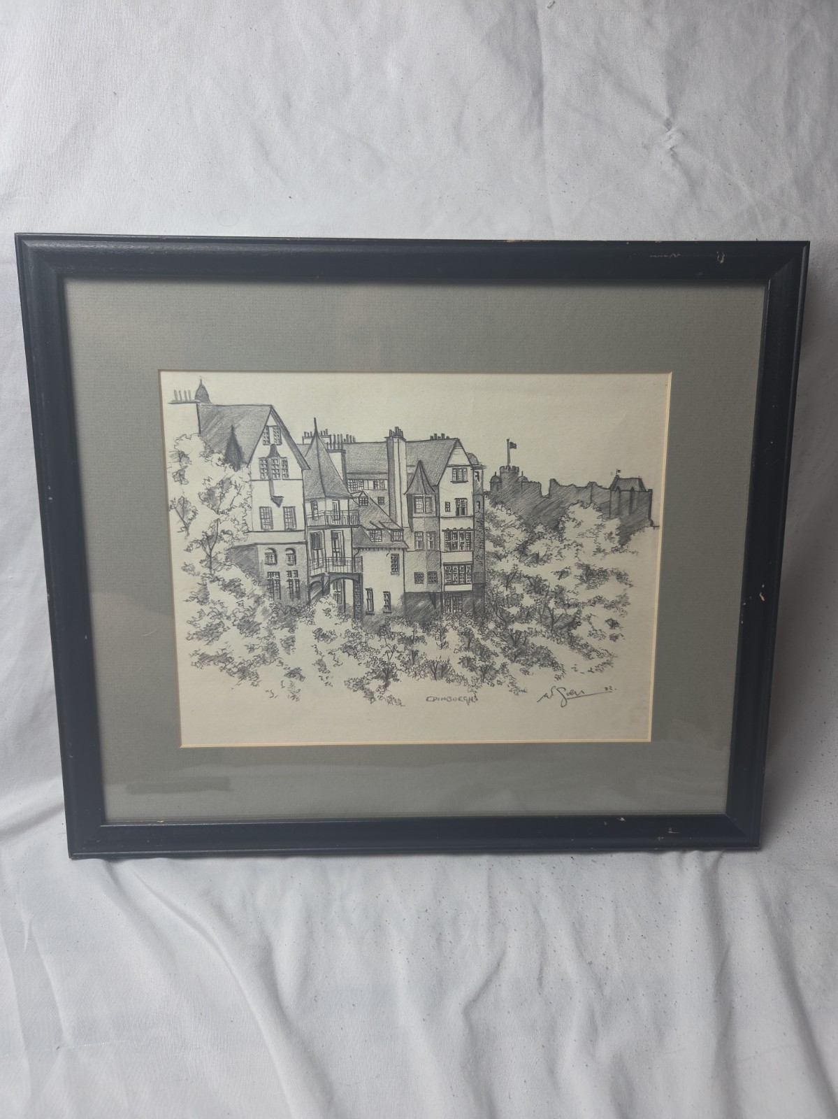 Vintage 1982 Signed Edinburgh Scotland Architectural Drawing Framed & Matted