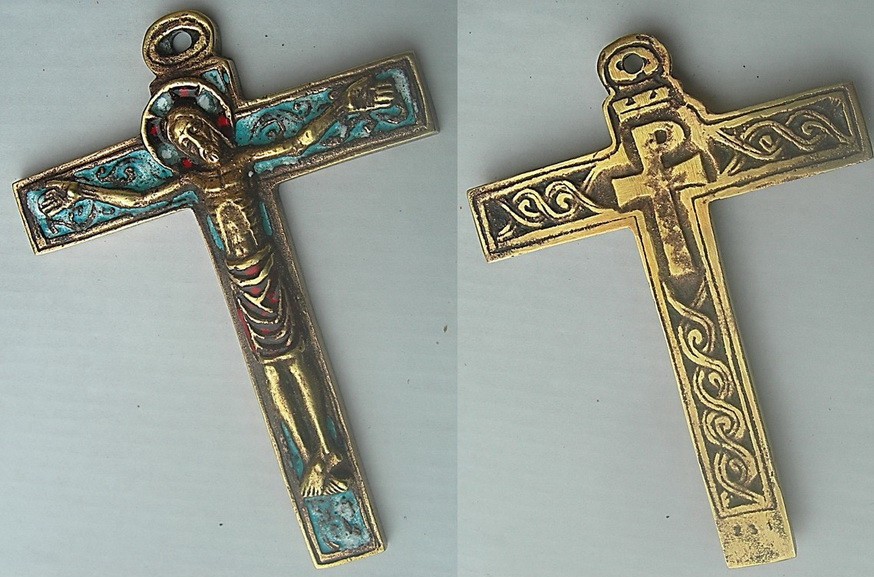 old BEAUTIFUL CROSS CRUCIFIX MEDIEVAL STYLE ENAMELLED BRONZE Dominique PIECHAUD old BEAUTIFUL CROSS CRUCIFIX MEDIEVAL STYLE ENAMELLED BRONZE Dominique PIECHAUD