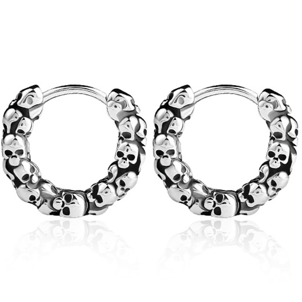 Retro Vintage Stainless Steel Gothic Skull Biker Halloween Cuff Huggie Silver