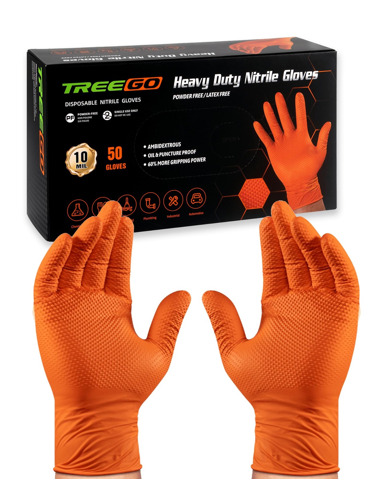 TREEGO 10 Mil Nitrile Gloves XL - Heavy Duty Orange Gloves with Double Diamon