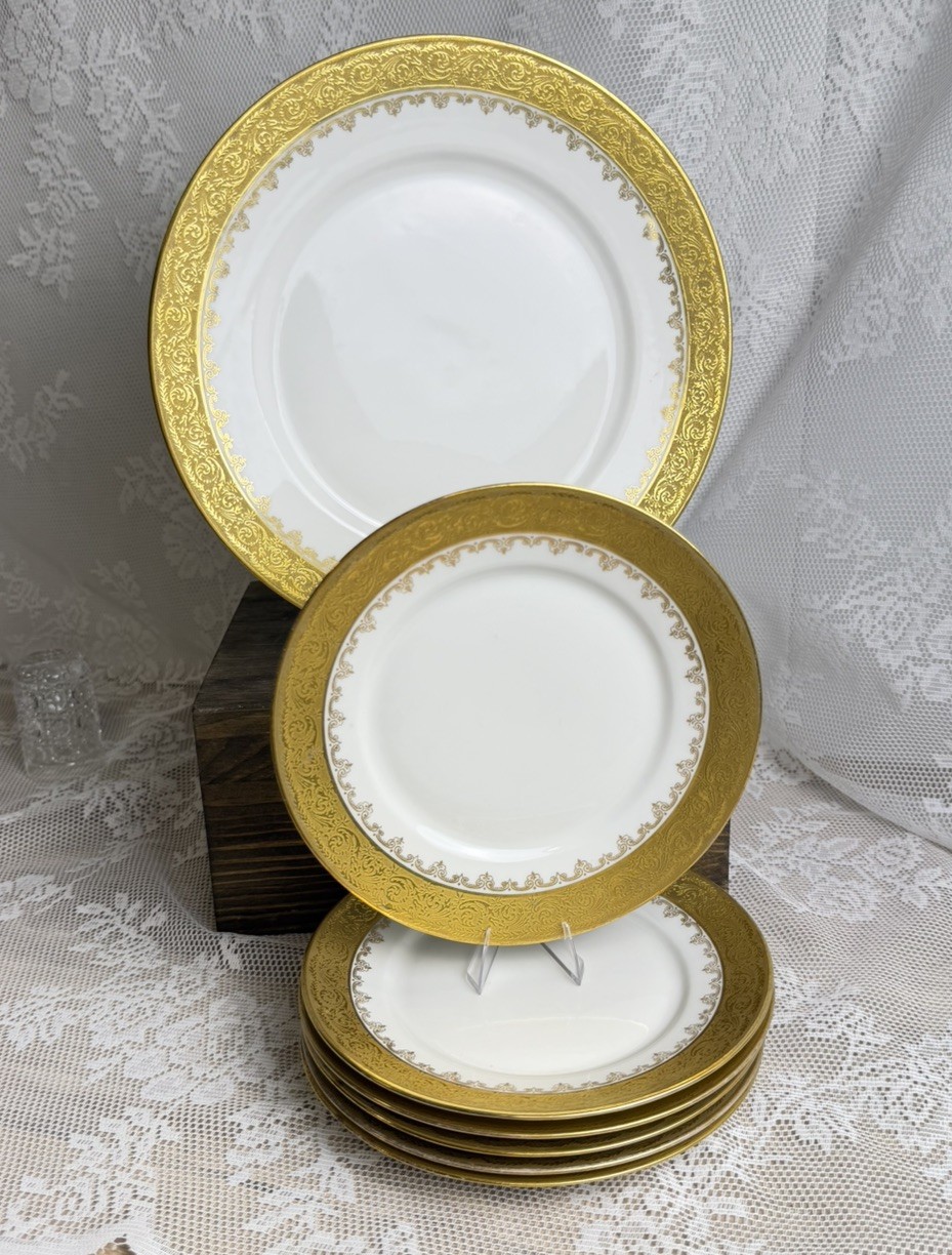 Antique Coronet Limoges Gold Encrusted Plates Set of 7 6.5” & 9