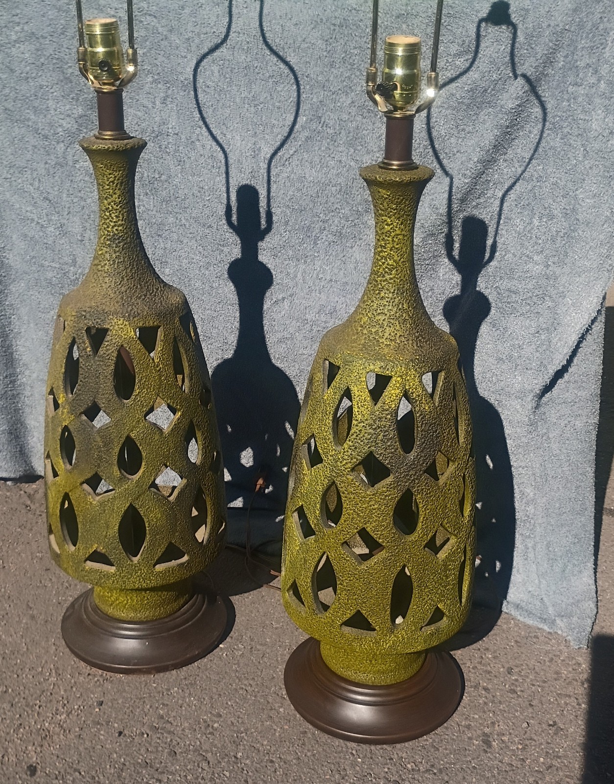 Vintage MCM Brutalist Fat Lava Pierced Ceramic Table Lamps Olive Green Pair