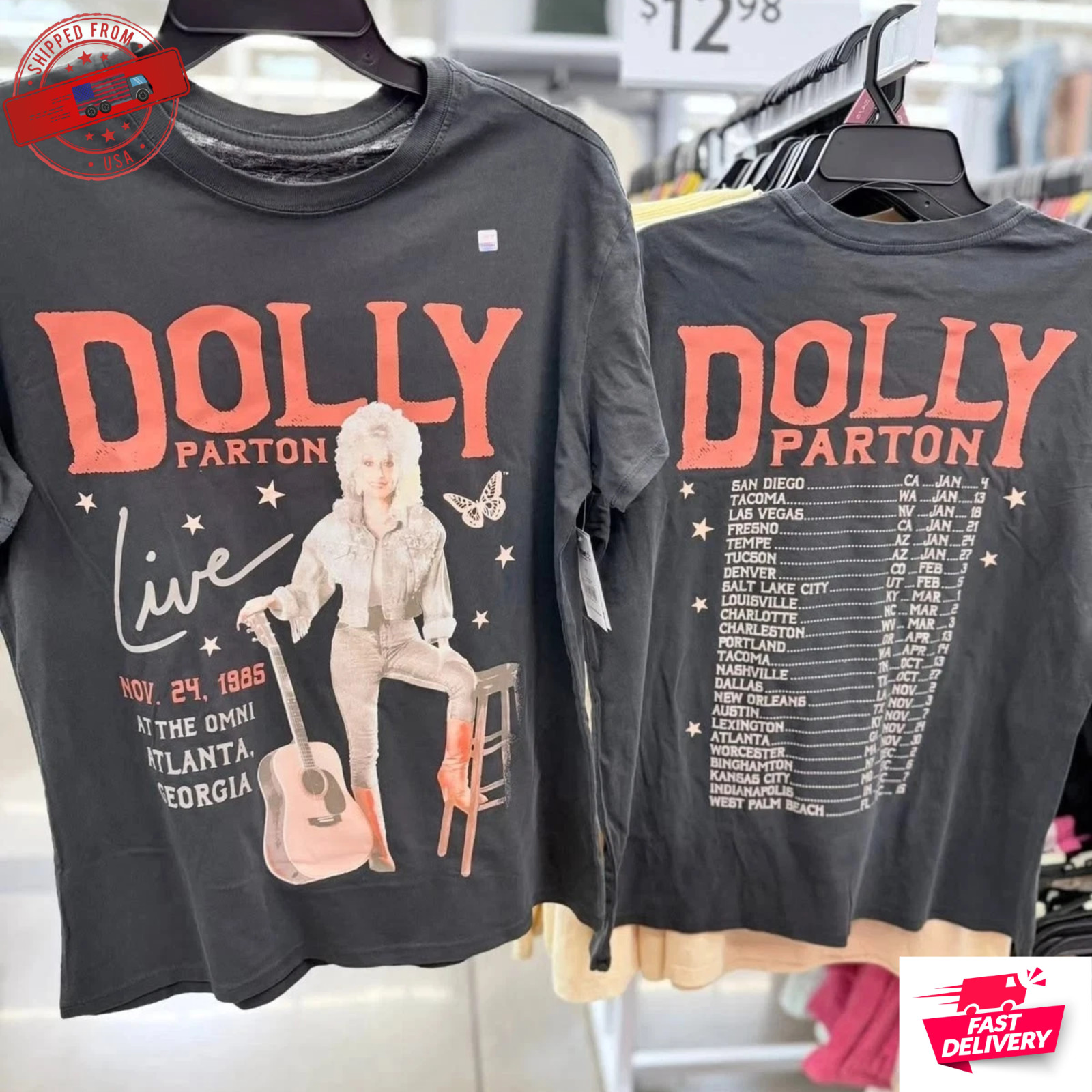 New Dolly Parton Live In Concert Tour 1985 Remake 2 sided Black T shirt S-5XL