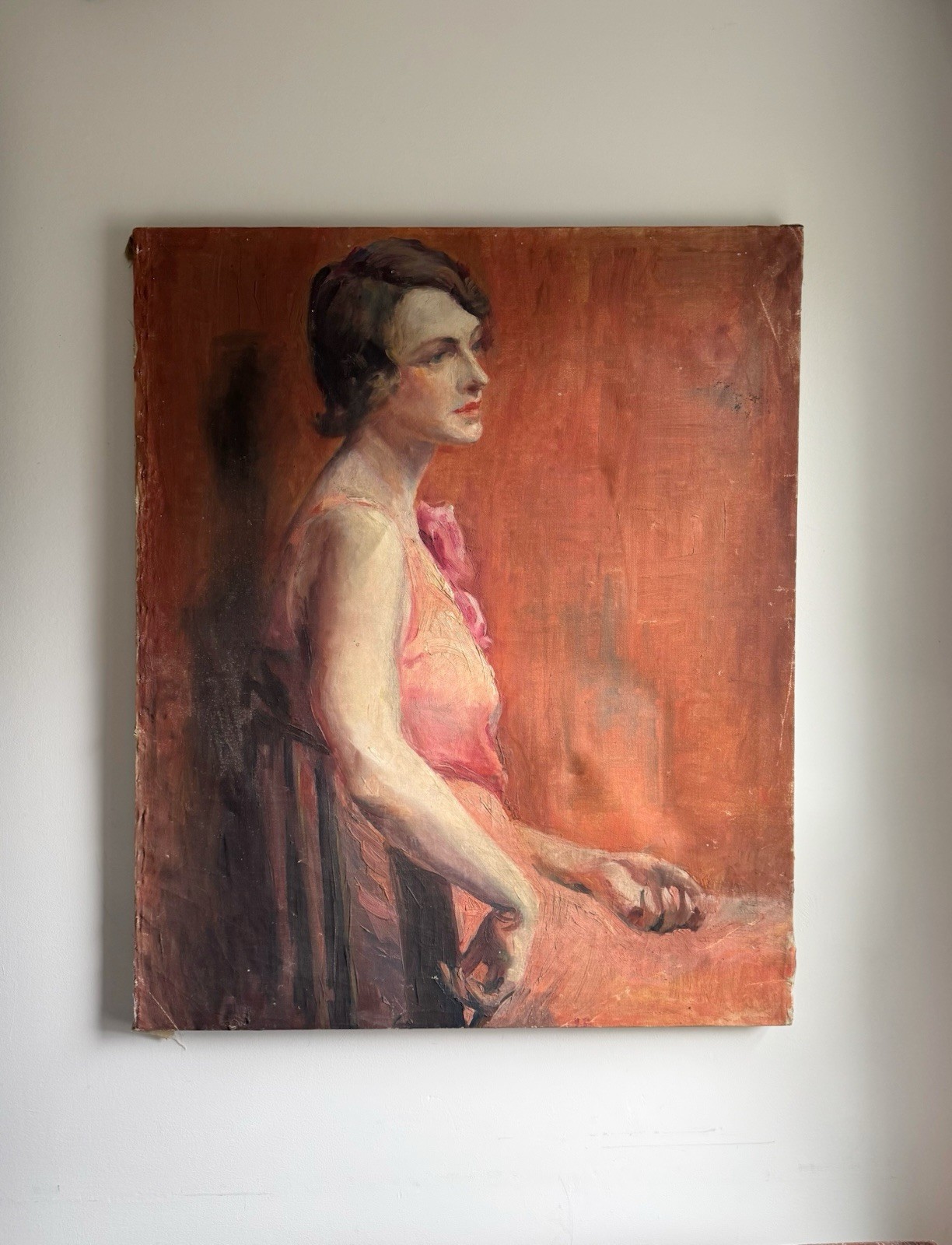 Large Mid Century Vintage Oil Portrait Painting On Canvas 35” X 29” Large Mid Century Vintage Oil Portrait Painting On Canvas 35” X 29”