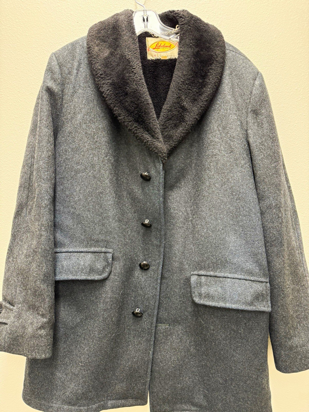 Vintage 1960s Lakeland Sportswear Men’s Wool Coat Faux Fur Lined Gray Size 46