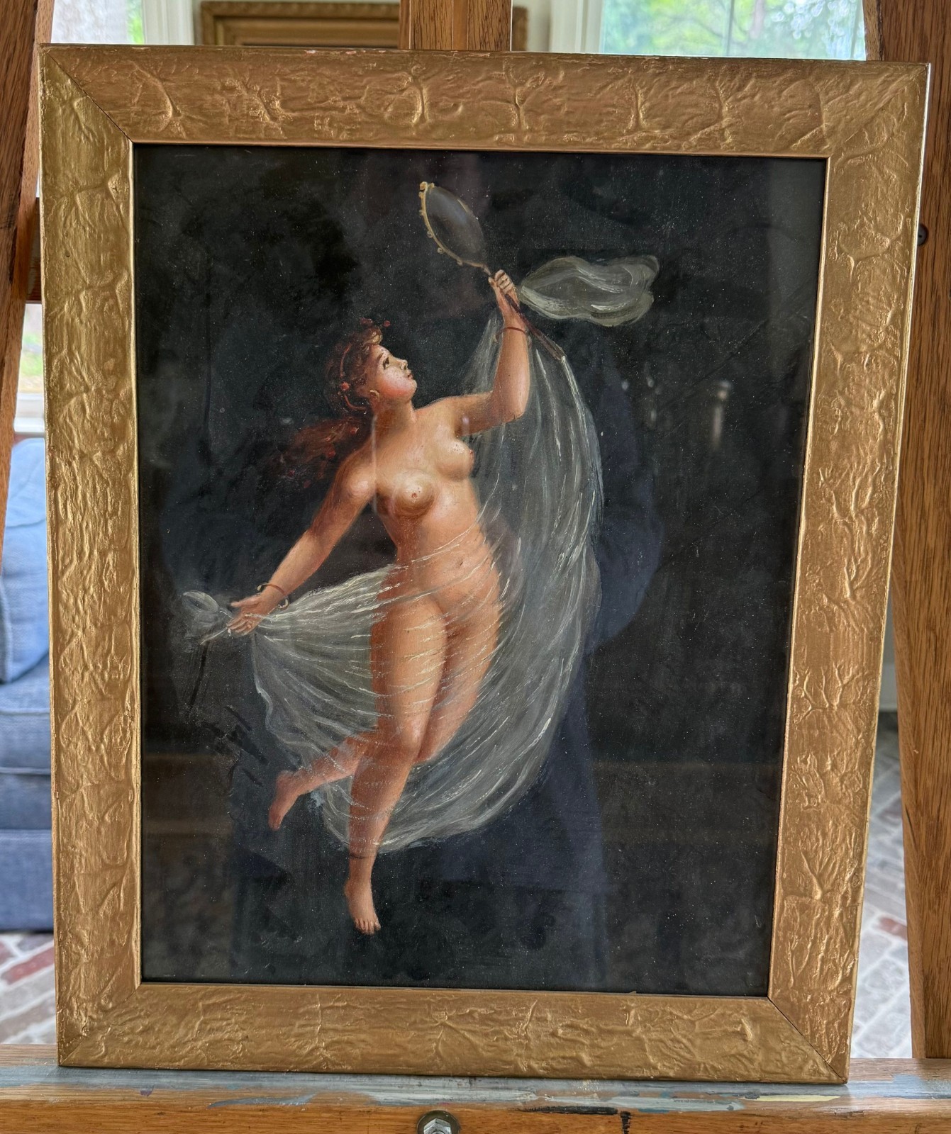 Antique Italian Grand Tour Gouache, Dancing Bacchante, Pompeian Black Ground