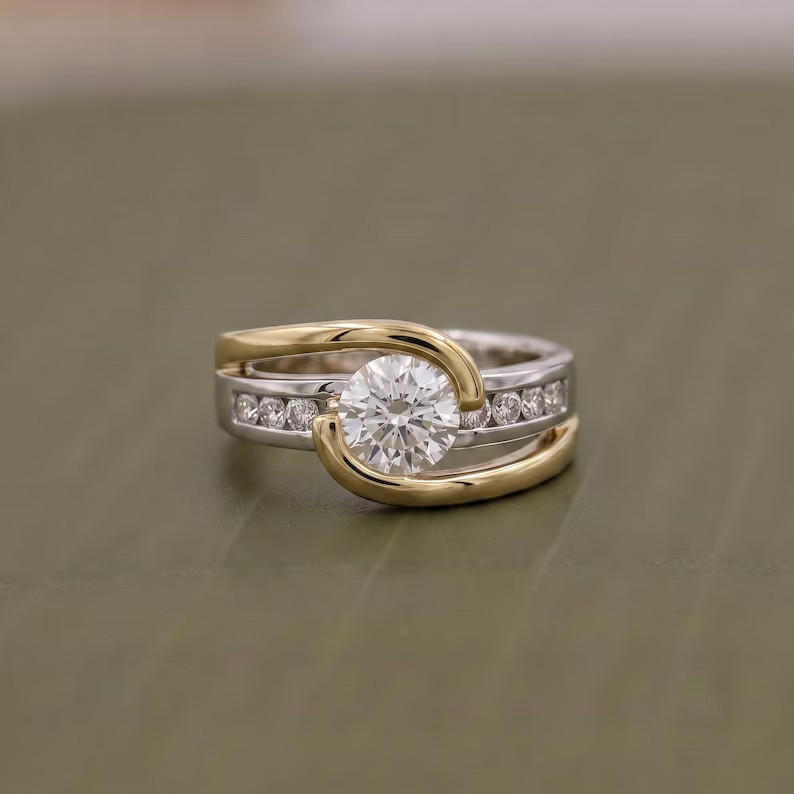 1.80 CT Round Cut Lab Grown Diamond Delicate Engagement Ring Two Tone 10k Gold