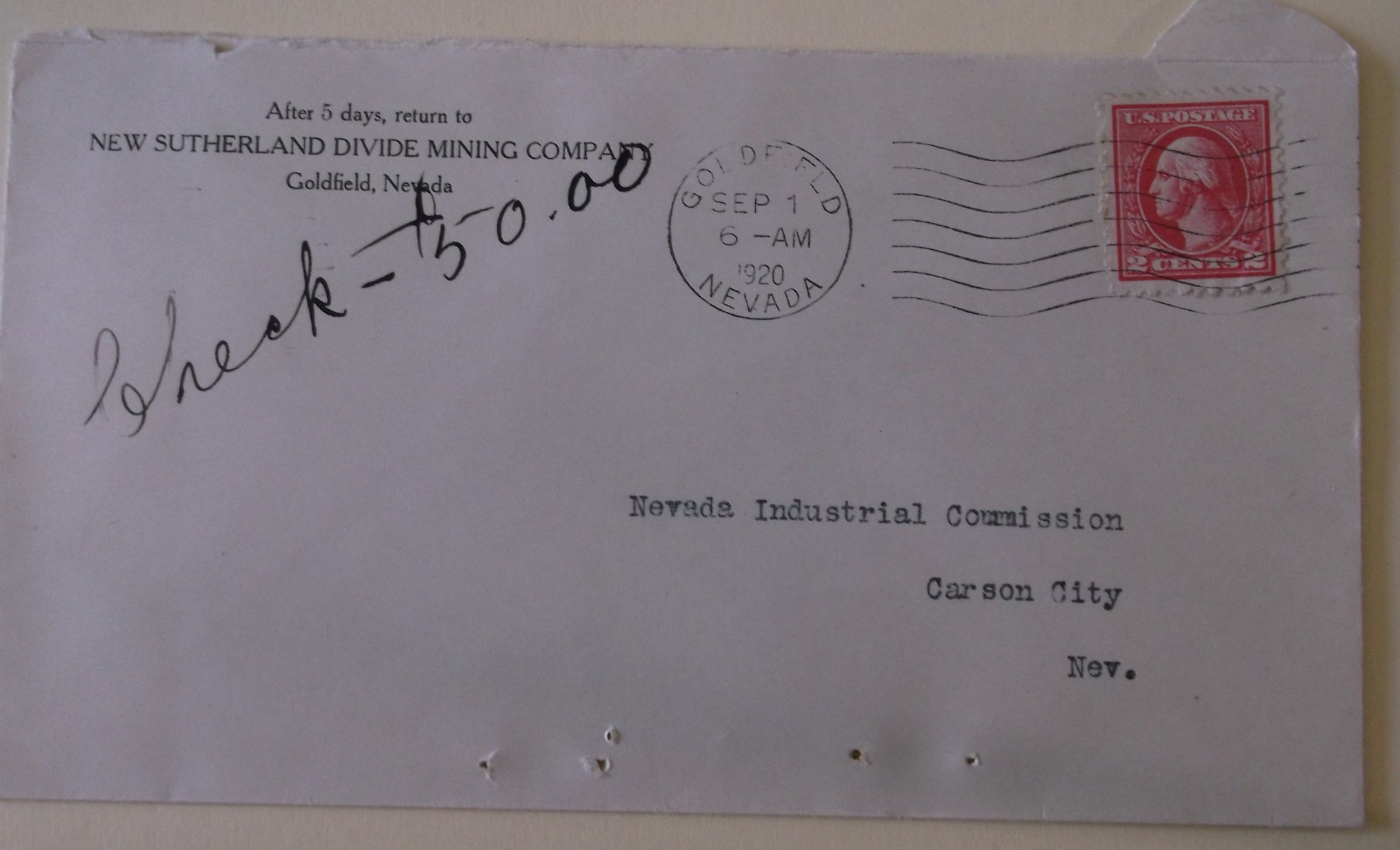 US Stamp Cover Nevada New Sutherland Divide Mining Co. Goldfield Nevada 1920 US Stamp Cover Nevada New Sutherland Divide Mining Co. Goldfield Nevada 1920
