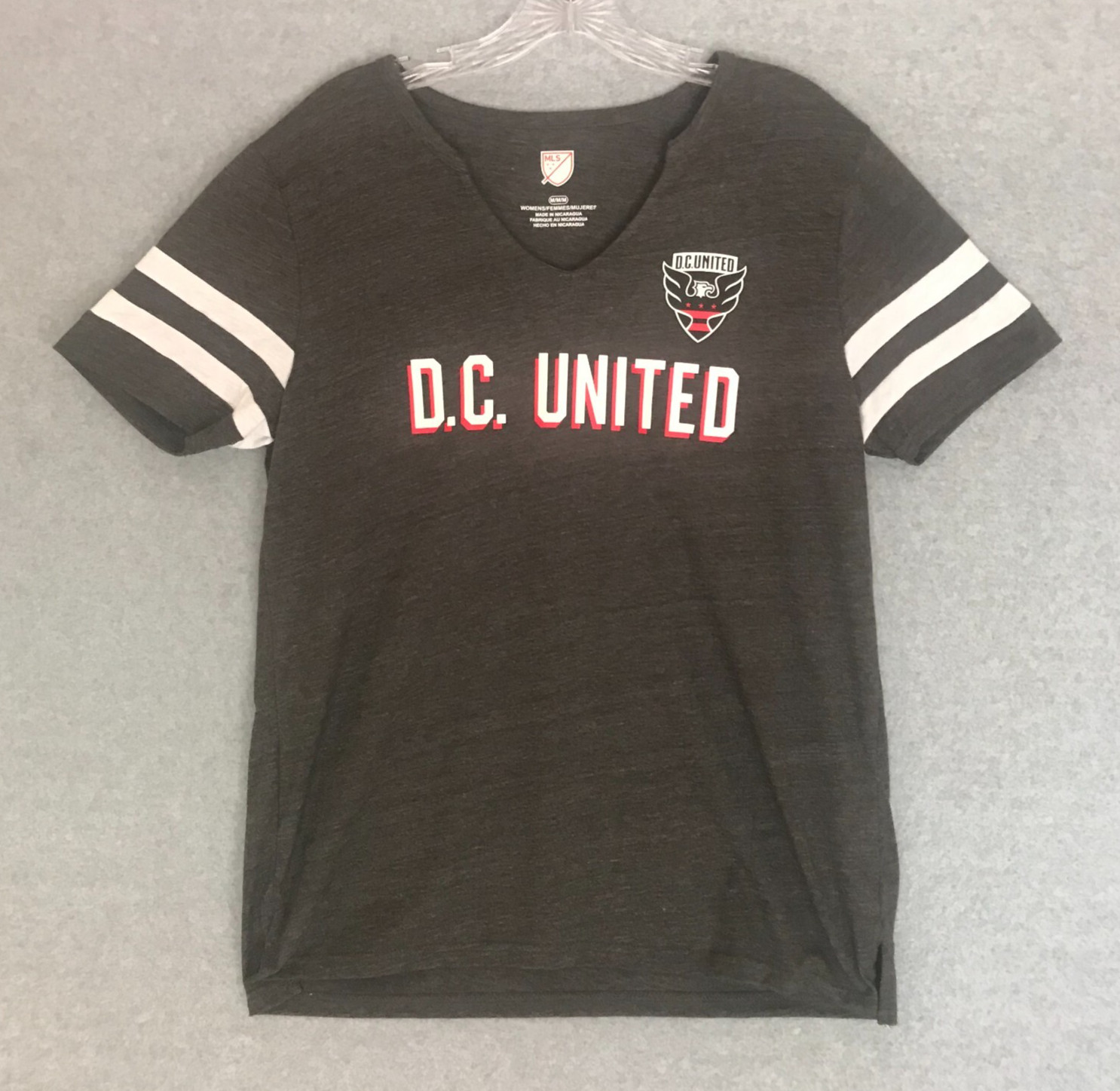 NEW DC United MLS Soccer Jersey Style T Shirt Womens Medium V-Neck Gray Tee NWT