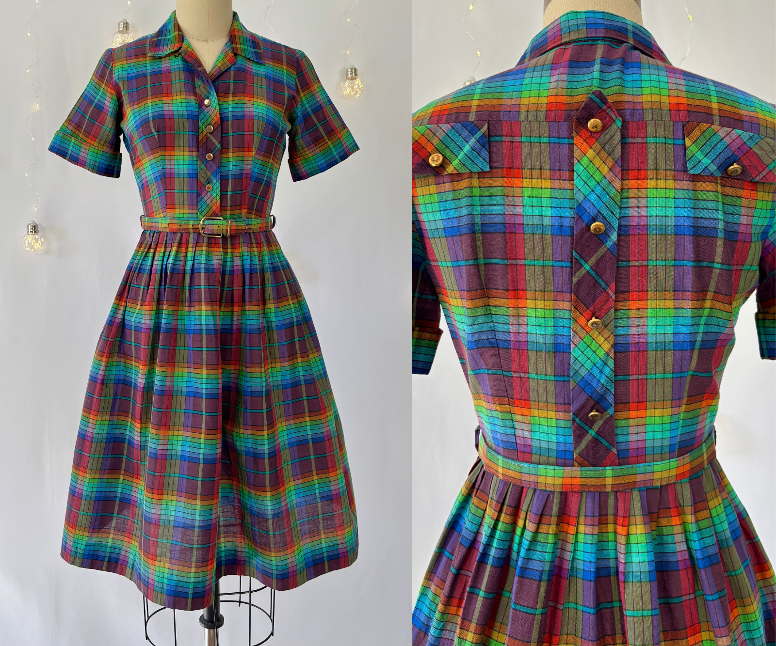 Vintage 1960s Dress, 50s 60s Cotton Rainbow Plaid Shirtwaist Fit and Flare, XS