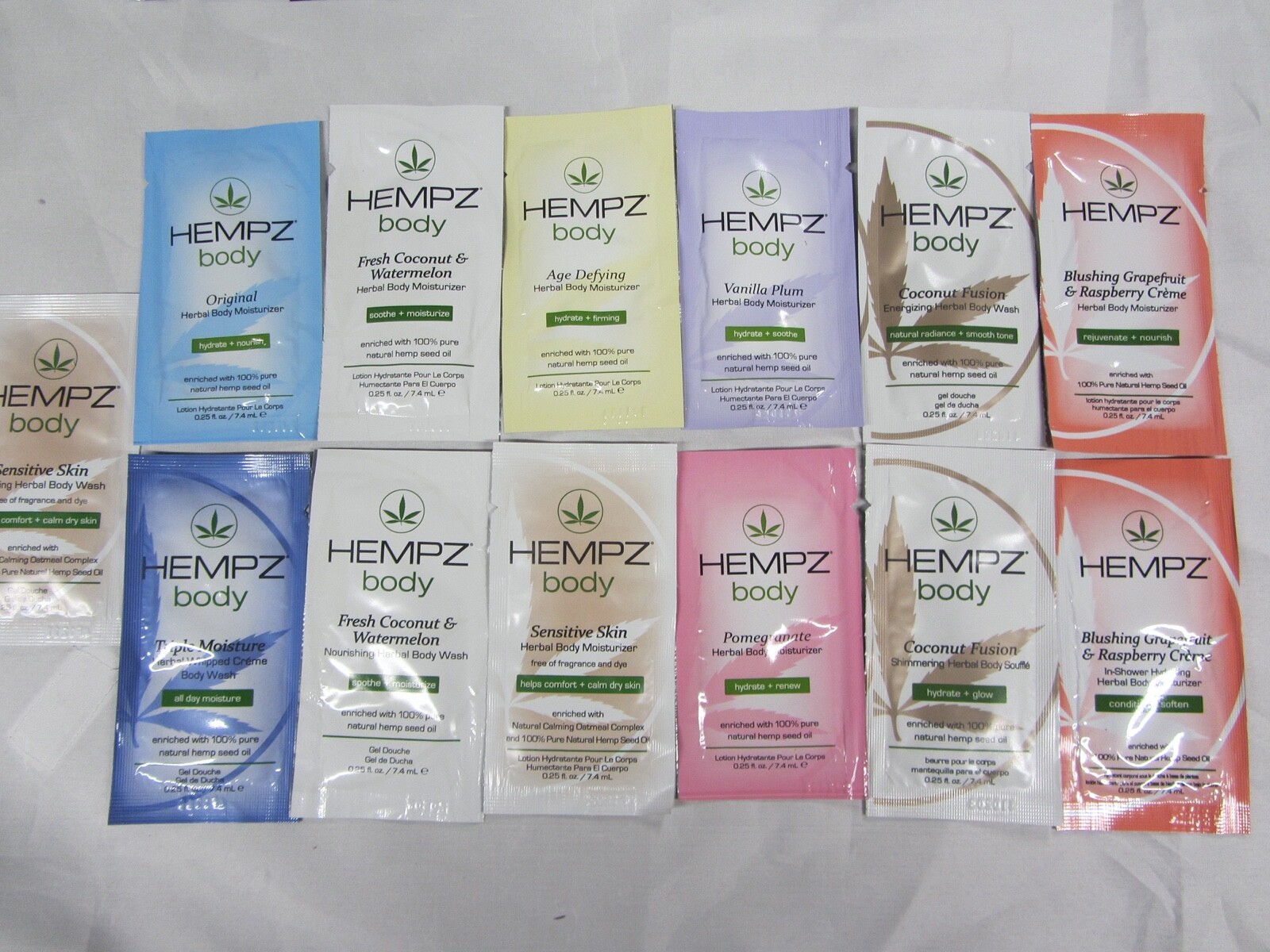 10 VARIOUS HEMPZ HERBAL WASH/MOISTURIZER LOTION SAMPLE PACKETS